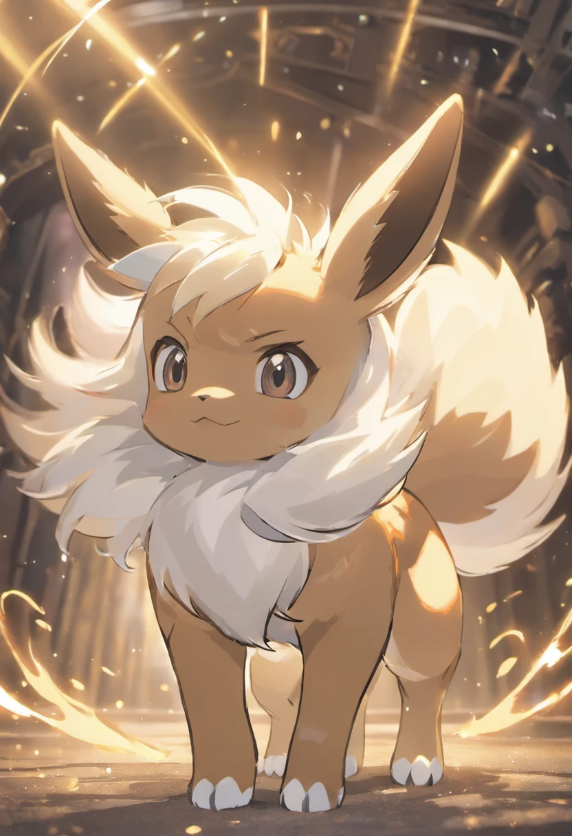 ((a Jolteon pokemon)), (lighting attribute) , small and cute, (gradient eye colors), (bright and clear eye) , golden lighting around ,anime style, depth of field, cinematic lighting, god rays, ray tracing, reflection light, glowing light, from side, close-up, masterpiece, best quality, highres, super detail, anatomically correct, UHD, textured skin