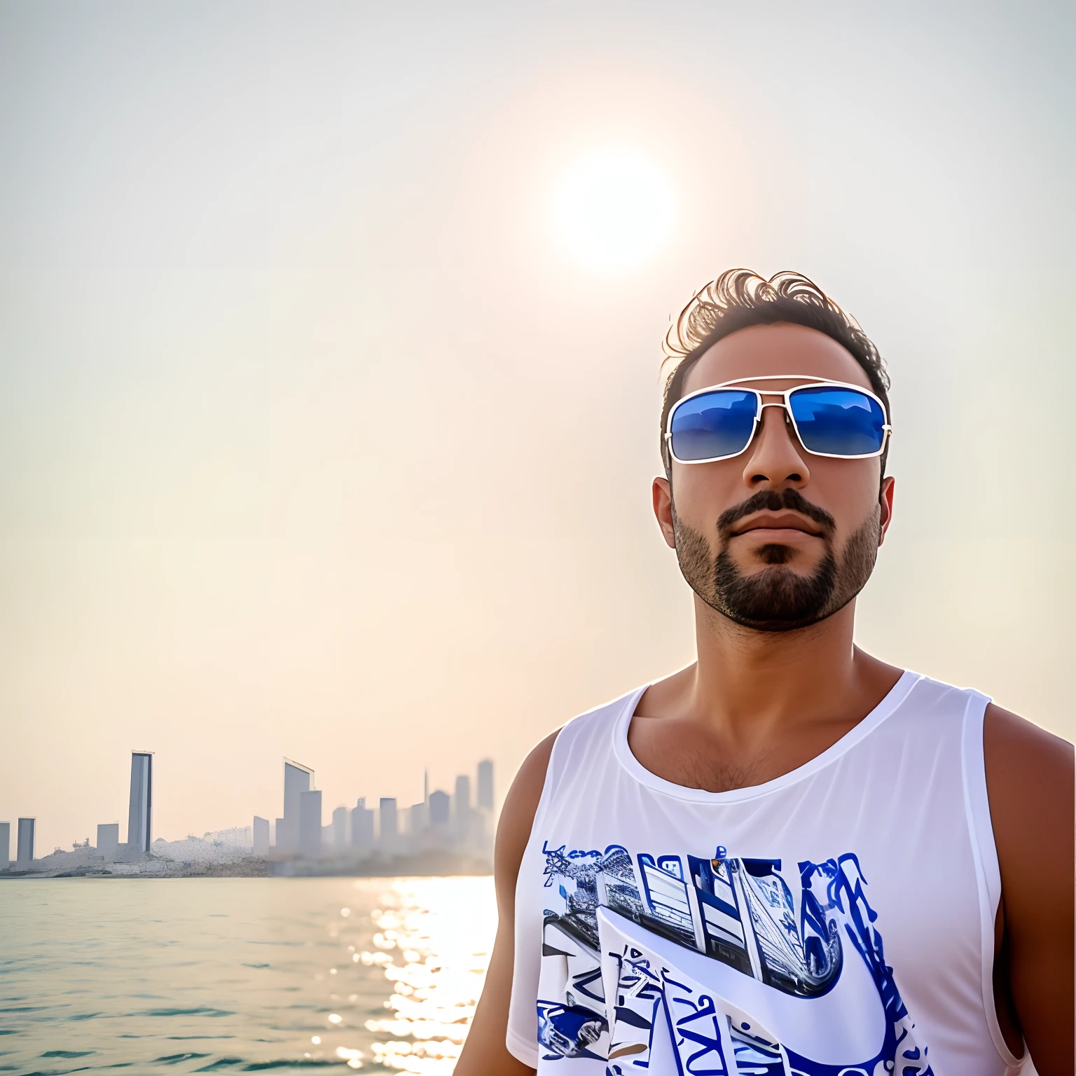 There is a man wearing a white shirt and sunglasses, 'fundo branco'!!!, na frente do fundo branco, fundo branco!!!!!!!!!!, low quality video, Homem de 4 0 anos, sem capacete, imagem de qualidade muito baixa, Homem de 5 0 anos, new song, com rosto preciso, em uma regata branca cantando, Estilo Mohamed Chahin, plano de fundo removido