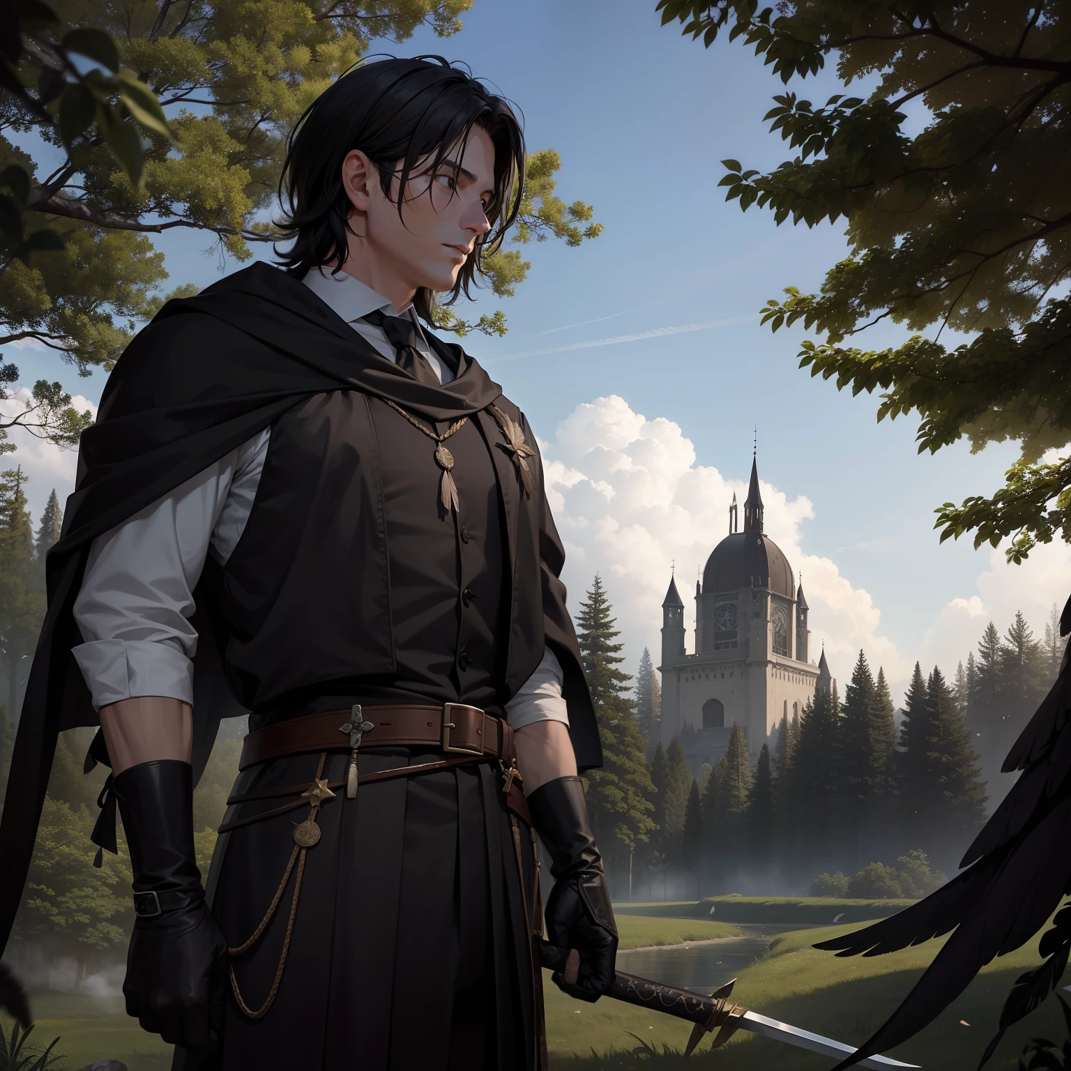 Actor Steven John Ward, black wings with feathers in the shape of swords, in the distance, background of a lodge in the middle of the forest, medieval style.