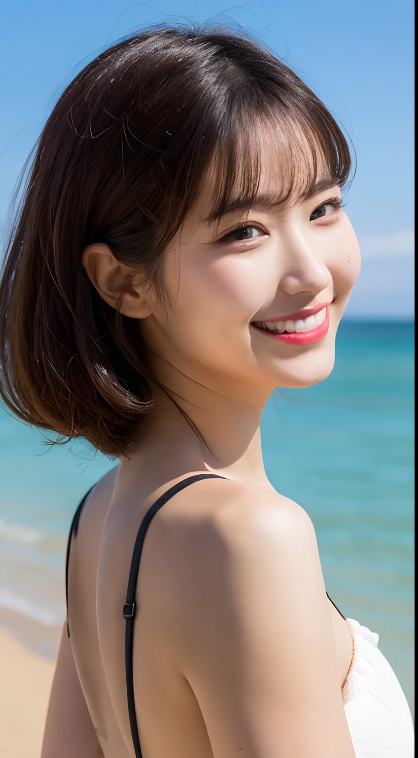 masutepiece, Best Quality, Illustration, Ultra-detailed, finely detail, hight resolution, 8K Wallpaper, Composition including perfect whole body, Beautiful detailed eyes, maikurobikini、 Random and cute hairstyles, large full breasts, Natural Color Lip,Beach, Random and cute poses,((A big smile)),((Moles on the chest and face:1.1))、((Raking hair for shortcuts))、((Walk along the coast))、((From behind、turned around:1.2))
