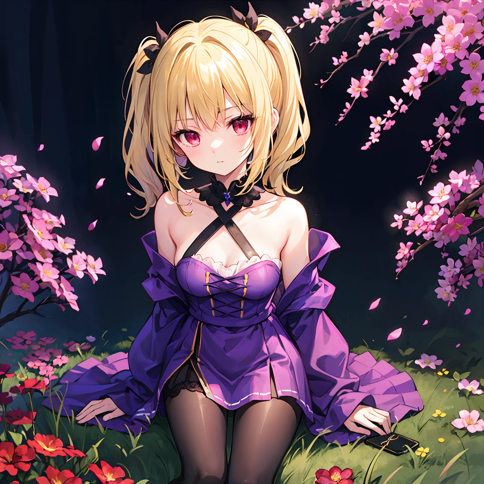 a blond、poneyTail、red eyes、Beautiful girl alone、Purple dress、off shoulders、a miniskirt、Black tights、sitting on、flower field