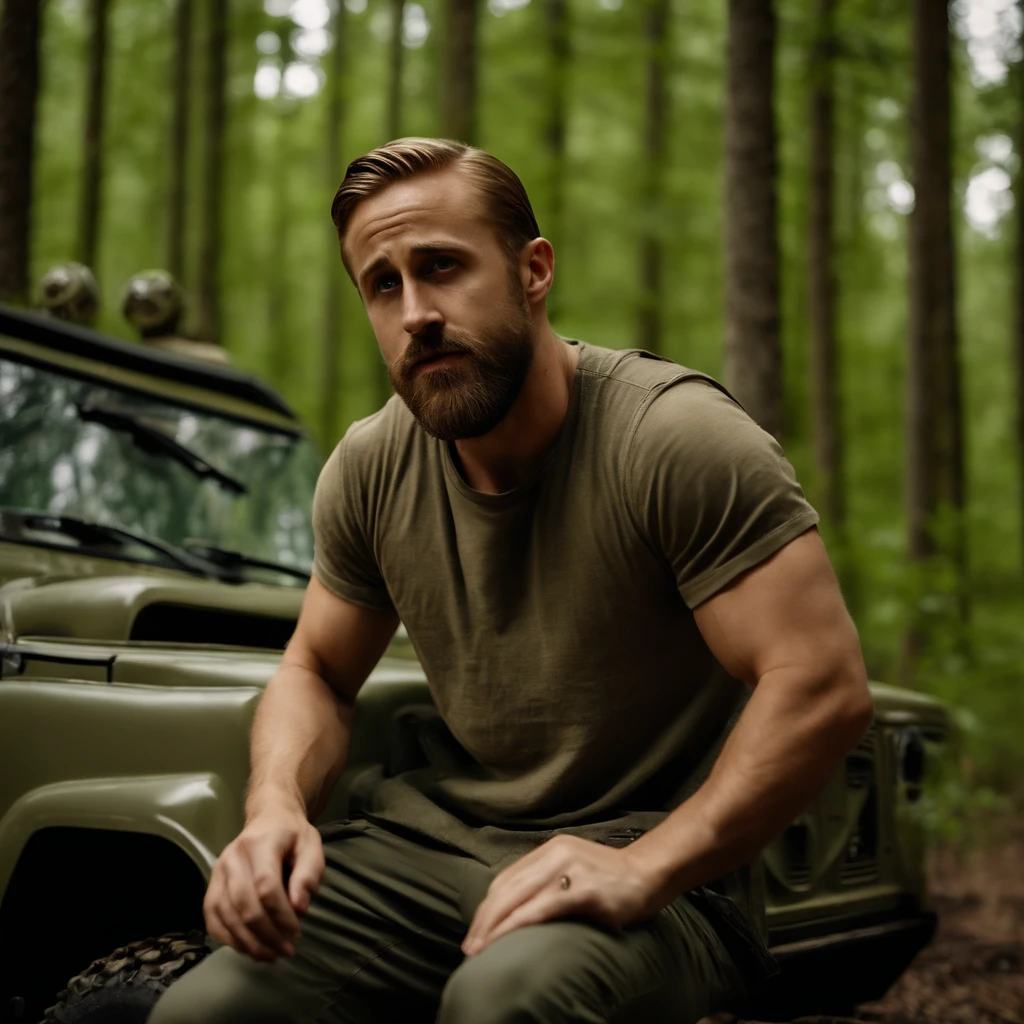 Ryan Gosling, dressed as Burzum, khaki t-shirt, camouflaged pants, beard, in the woods, next to a Russian UAZ car,