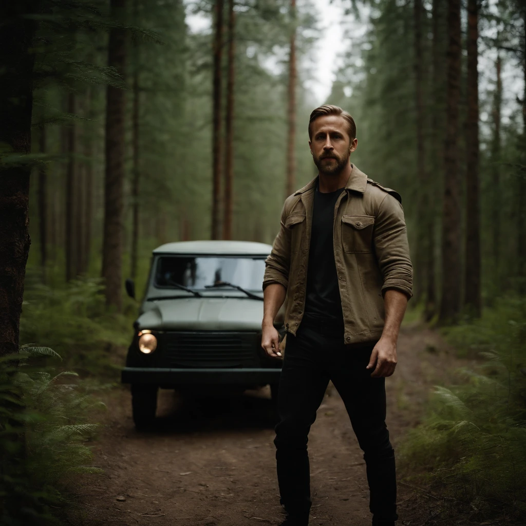 Ryan Gosling, dressed as Burzum, khaki t-shirt, camouflaged pants, beard, in the woods, next to a Russian UAZ car,