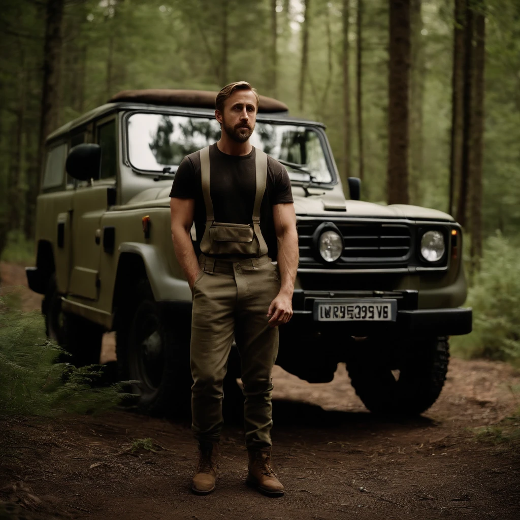 Ryan Gosling, dressed as Burzum, khaki t-shirt, camouflaged pants, beard, in the woods, next to a Russian UAZ car,