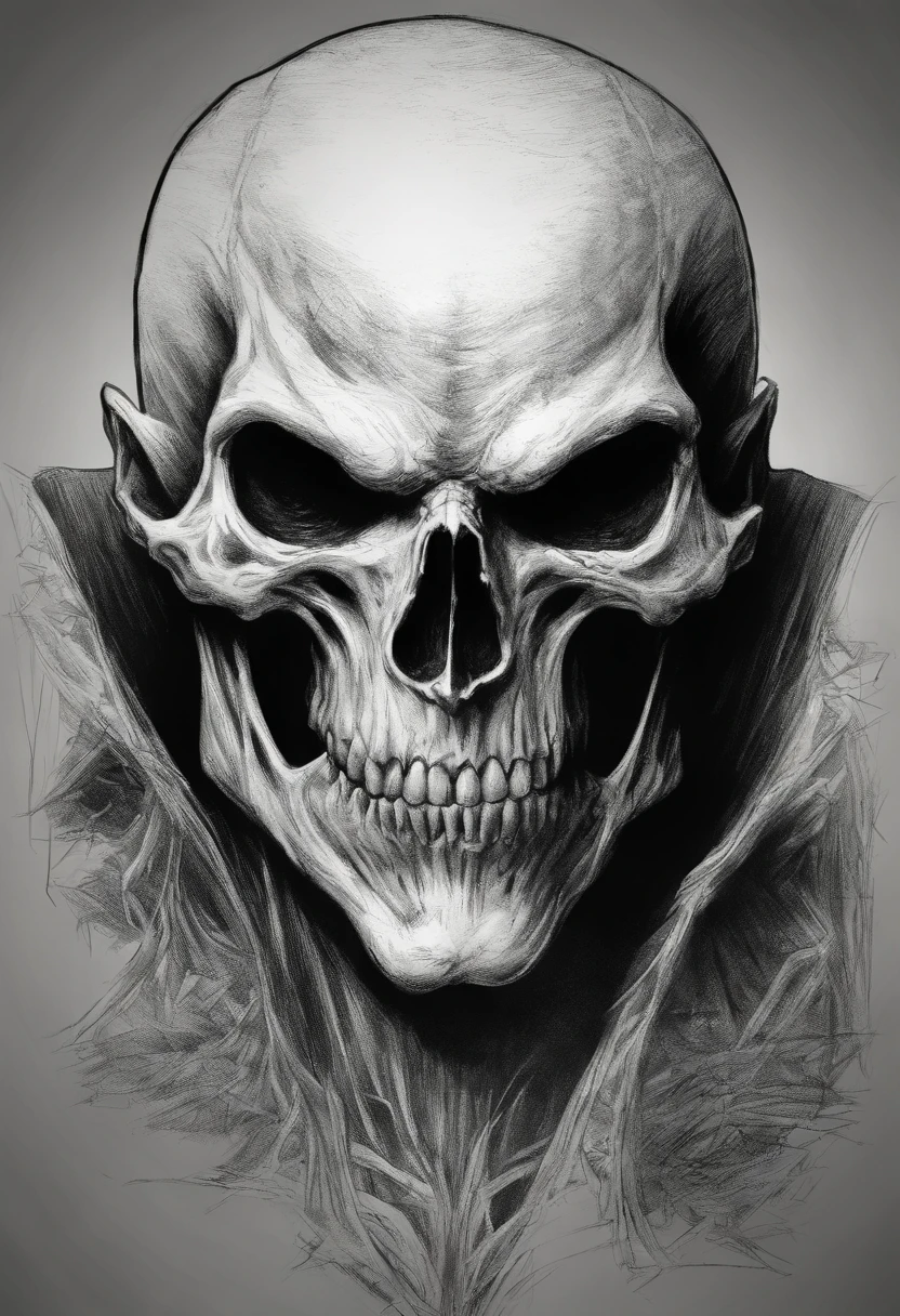 A sketch drawing of character skull dracula, hyper-realistic, artistic, all black and white