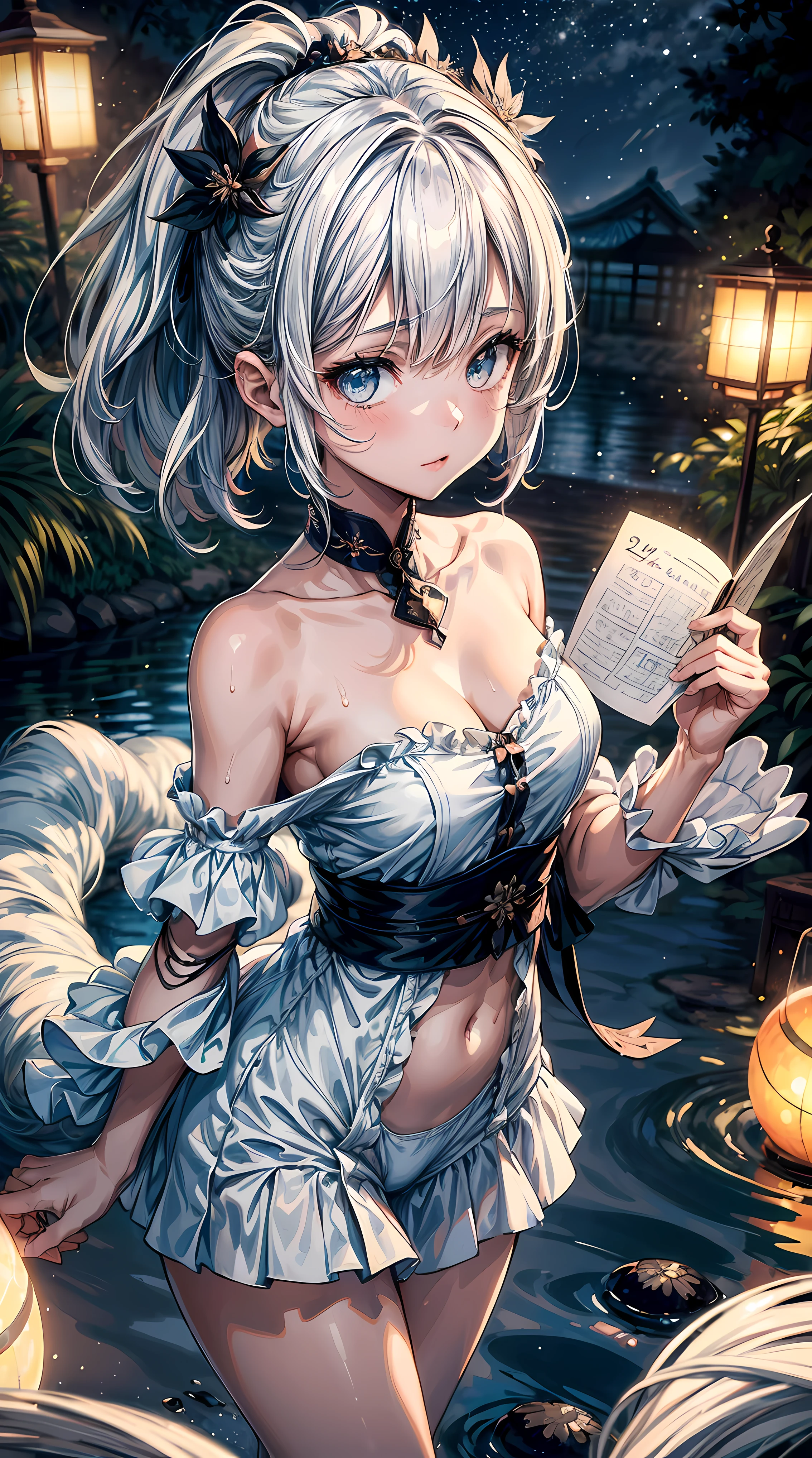 1girl, seios, lua, lanterna, Noite, sozinho, seios grandes, ornamento de cabelo, Wet, quimono, Roupas japonesas, Vadear, water, Flor do cabelo, flor, ao ar livre, heaven, lua cheia, chuva, cabelos pretos, fora do ombro, montanha, Cloud, propriedade, cinta, bareshoulders, lanternaa de papel, Standing, quimono branco, night sky, boob lateral, Obi, roupas molhadas, franja, tree, de lado, reflection, short hair, Cloudy sky, cabelos molhados (((master part),(extremamente detalhado CG unidade 8k papel de parede),best quality,,sozinho,1girl,Cinematic lighting,Antecedentes detalhados,belos olhos detalhados,pupilas brilhantes, (um extremamente delicado e bonito),(Beautiful and detailed eye description), ultra-detalhado,master part,))