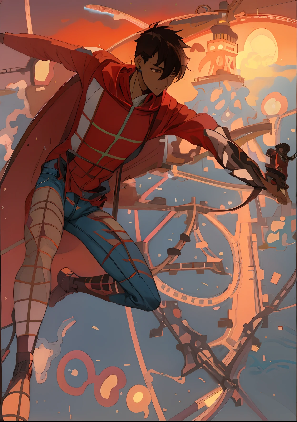 1male people、Masterpiece、Man flying、Anime character in red and white costume with night view of Tokyo on background, inspired by Mœbius, killian eng. moebius, full art, highly detailed exquisite fanart, Afrofuturism anime, detailed fan art, inspired by Jens Ferdinand Willumsen, fanart, Official art, full art illustration, by Shingei, by Mobius Male Character, 23years old, A dark-haired, Brown-eyed, earrings in the ears, beautidful eyes, Sundown, hooded sweatshirt, arm tatoo, Denim Jeans Pants.