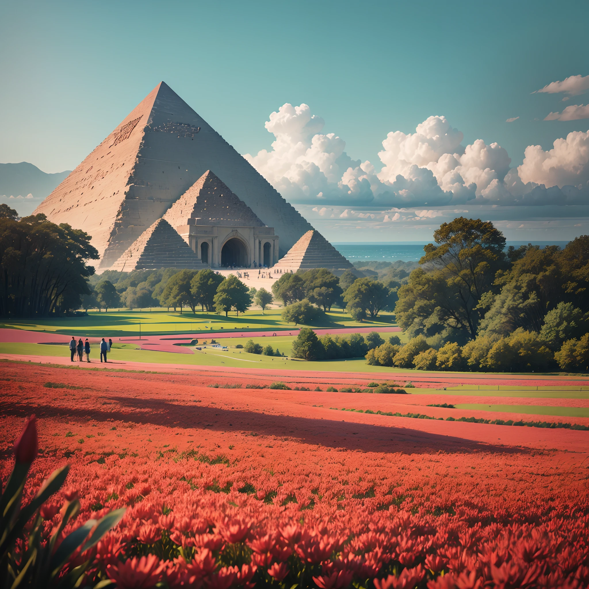 Huge field of red flowers, with several people having a picnic, seeing a pyramid-shaped ship --auto --s2