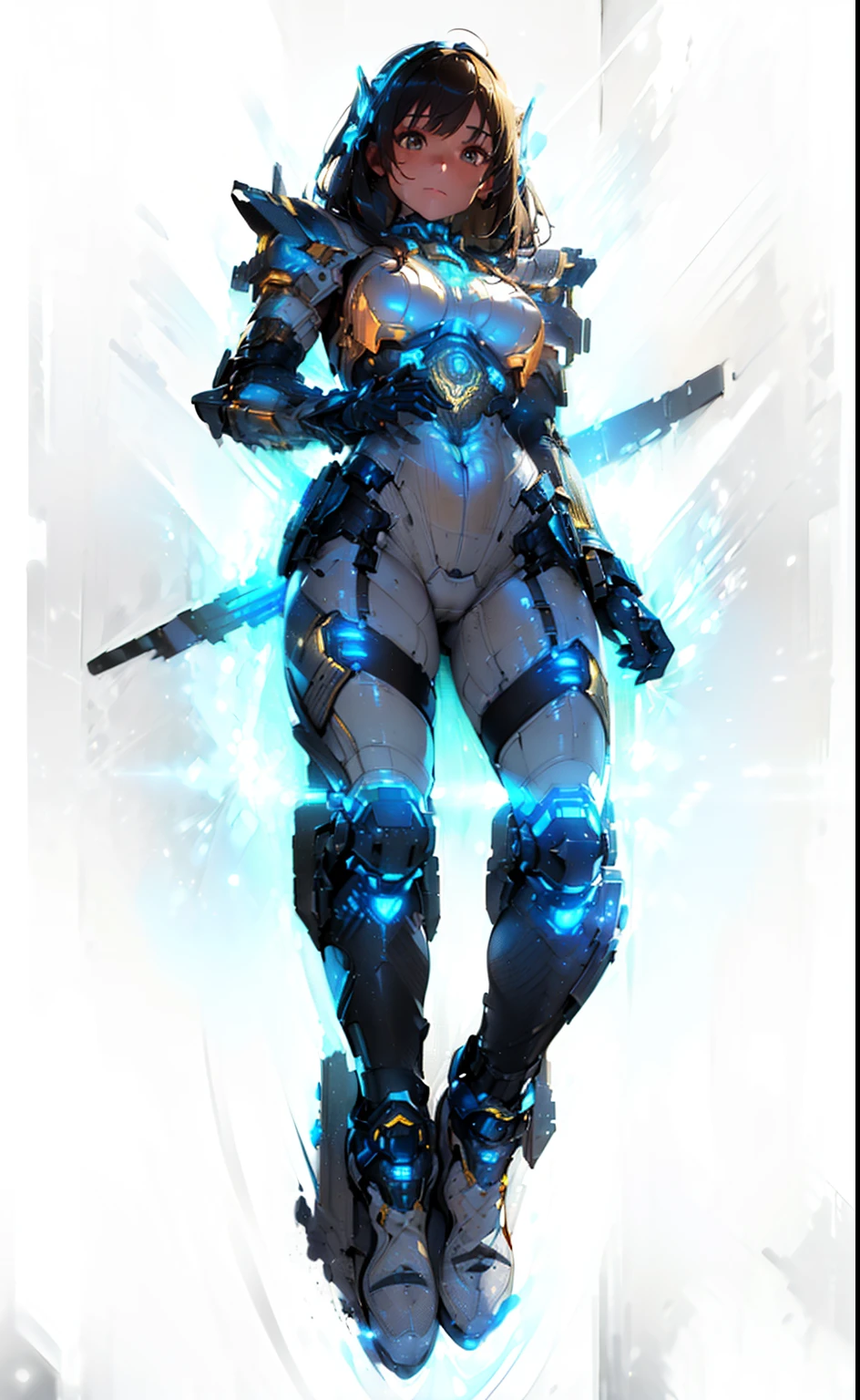 (((lying down and view from above))), (((in hyper realistic and detailed golden lines neon-lit sci-fi plugsuit white mech armor, aethereal aesthetic style))) beauty woman brunette with horsetail, intricate perfect beauty face, detailed sharp eyes, detailed face, (((from face to the waist))), (((beauty shape))), masterpiece, 4k, UHD