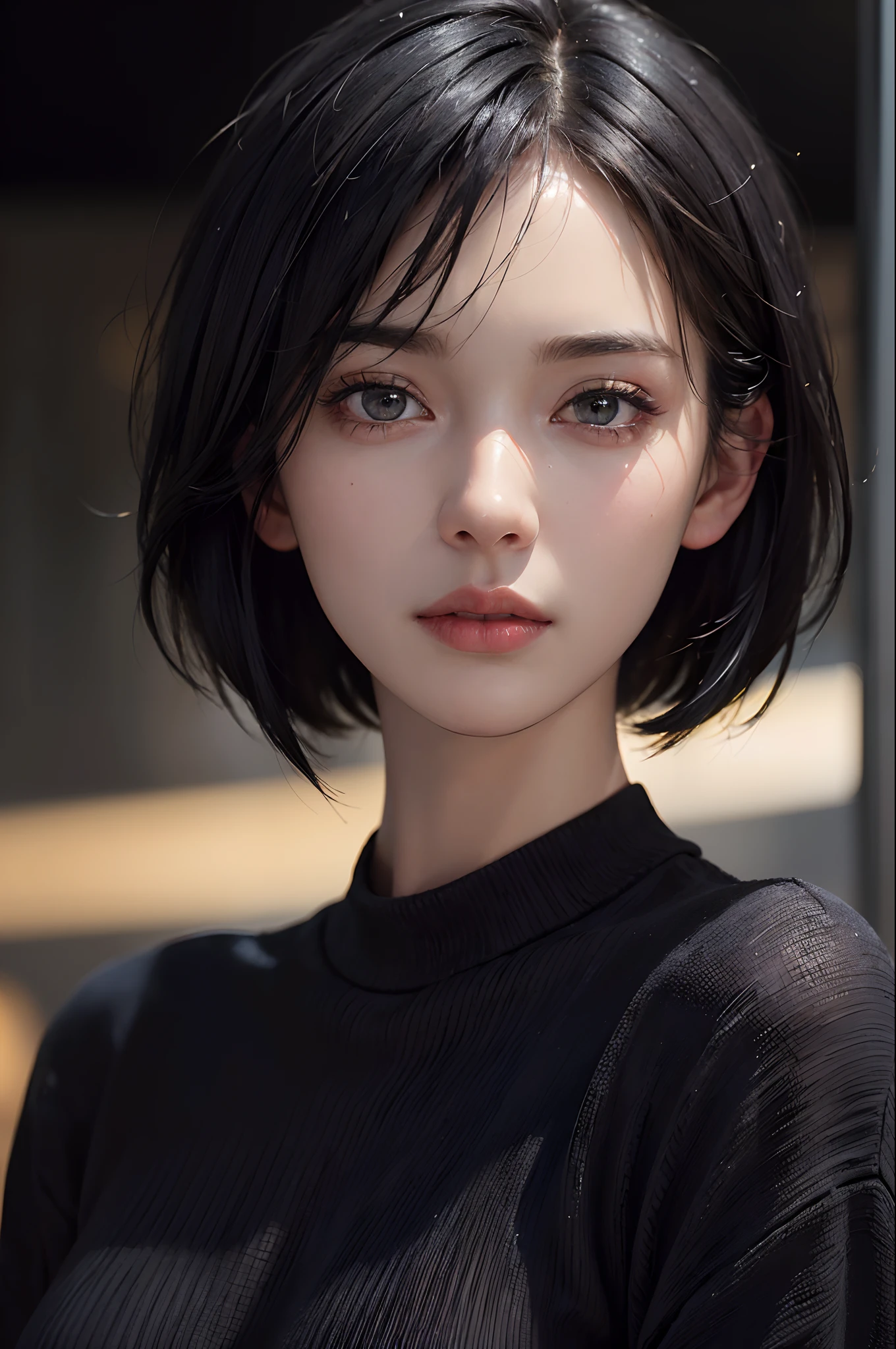 (masterpiece:1.3), (8k, photorealistic, RAW photo, best quality: 1.4), (1girl), beautiful face, (realistic face), (black hair, short hair:1.3), beautiful hairstyle, realistic eyes, beautiful detailed eyes, (realistic skin), beautiful skin, (sweater), absurdres, attractive, ultra high res, ultra realistic, highly detailed, golden ratio