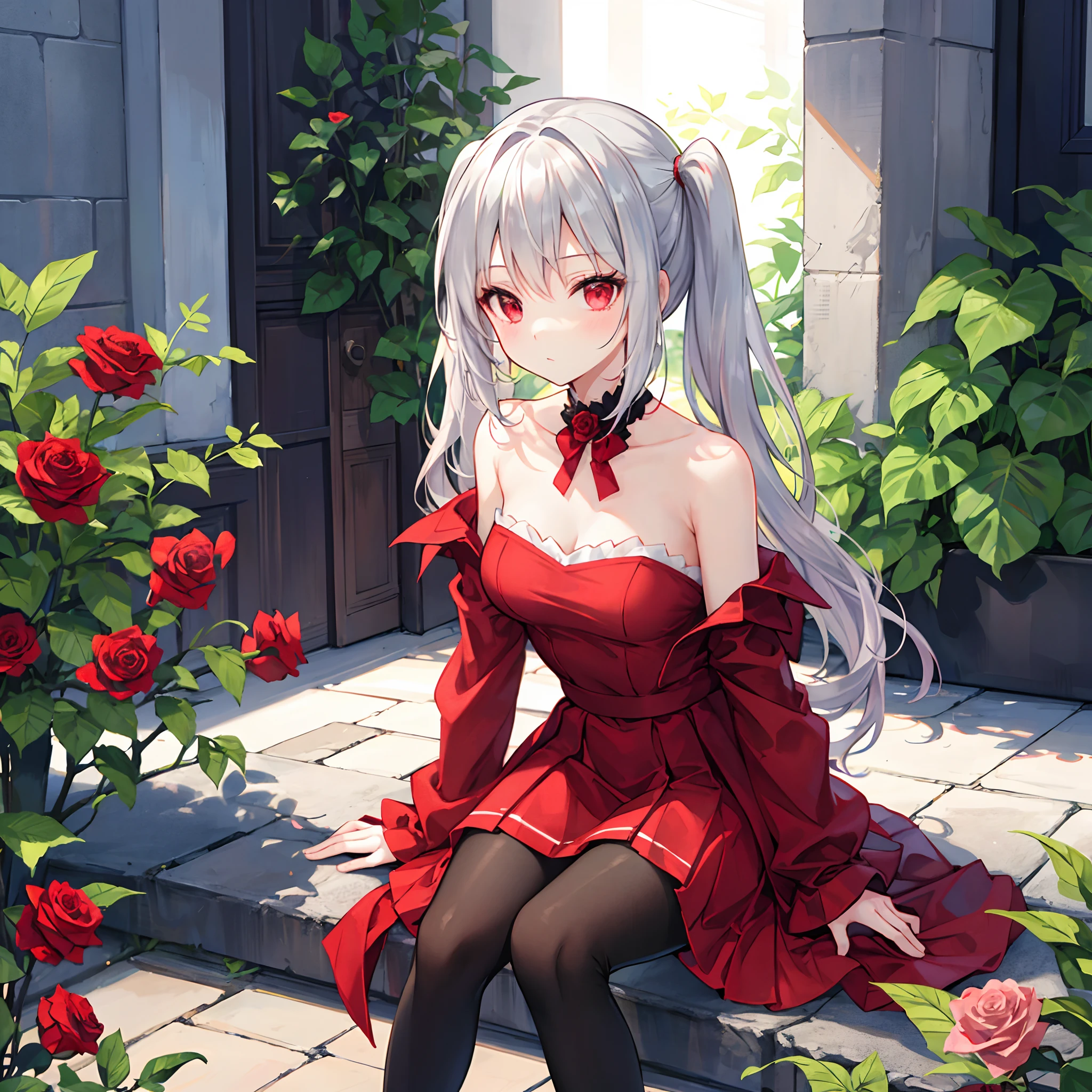 wavy silver hair、red eyes、Beautiful girl alone、Bright red dress、off shoulders、a miniskirt、Black tights、sitting on、poneyTail、rose garden