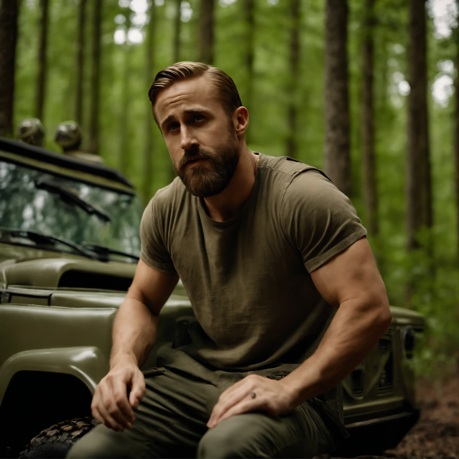 Ryan Gosling, dressed as Burzum, khaki t-shirt, camouflaged pants, beard, in the woods, next to a Russian UAZ car,