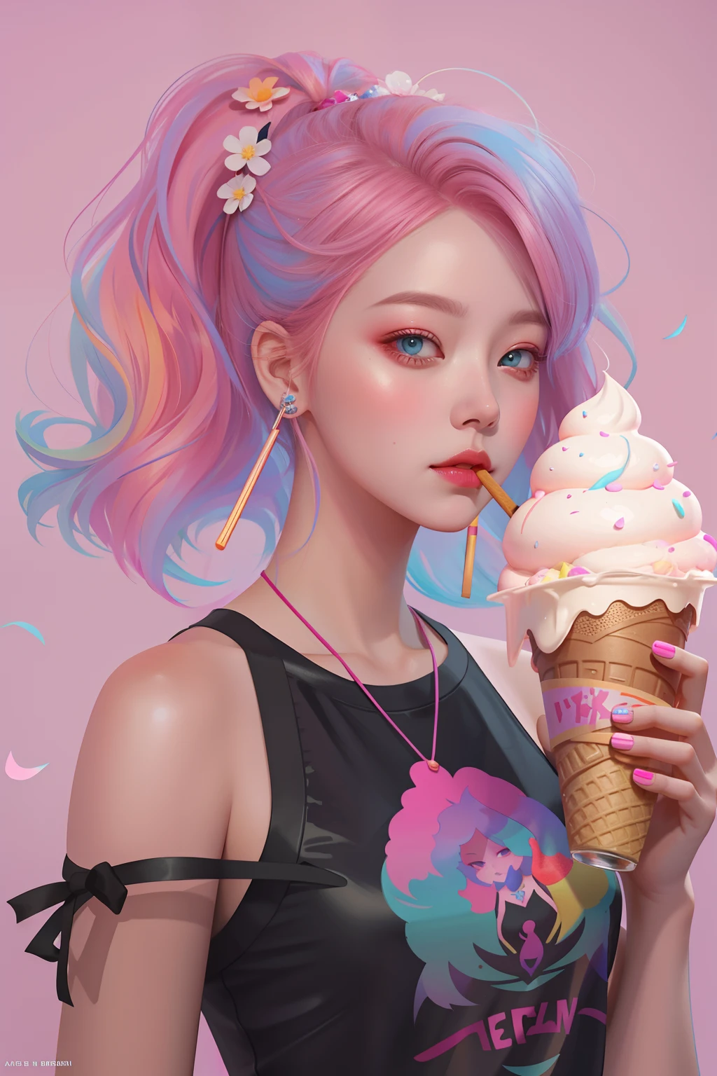 Draw a woman with pink hair eating ice cream cones, inspired by Yanjun Cheng, inspired by Russell Dongjun Lu, in style of anna dittmann, Loish et WLOP, inspired by Darek Zabrocki, Jana Brick Art, author:yanjun cheng, Inspired by WLOP, Inspired by Maxim Vereschen,Hyper-realistic,rich details,Delicate hair