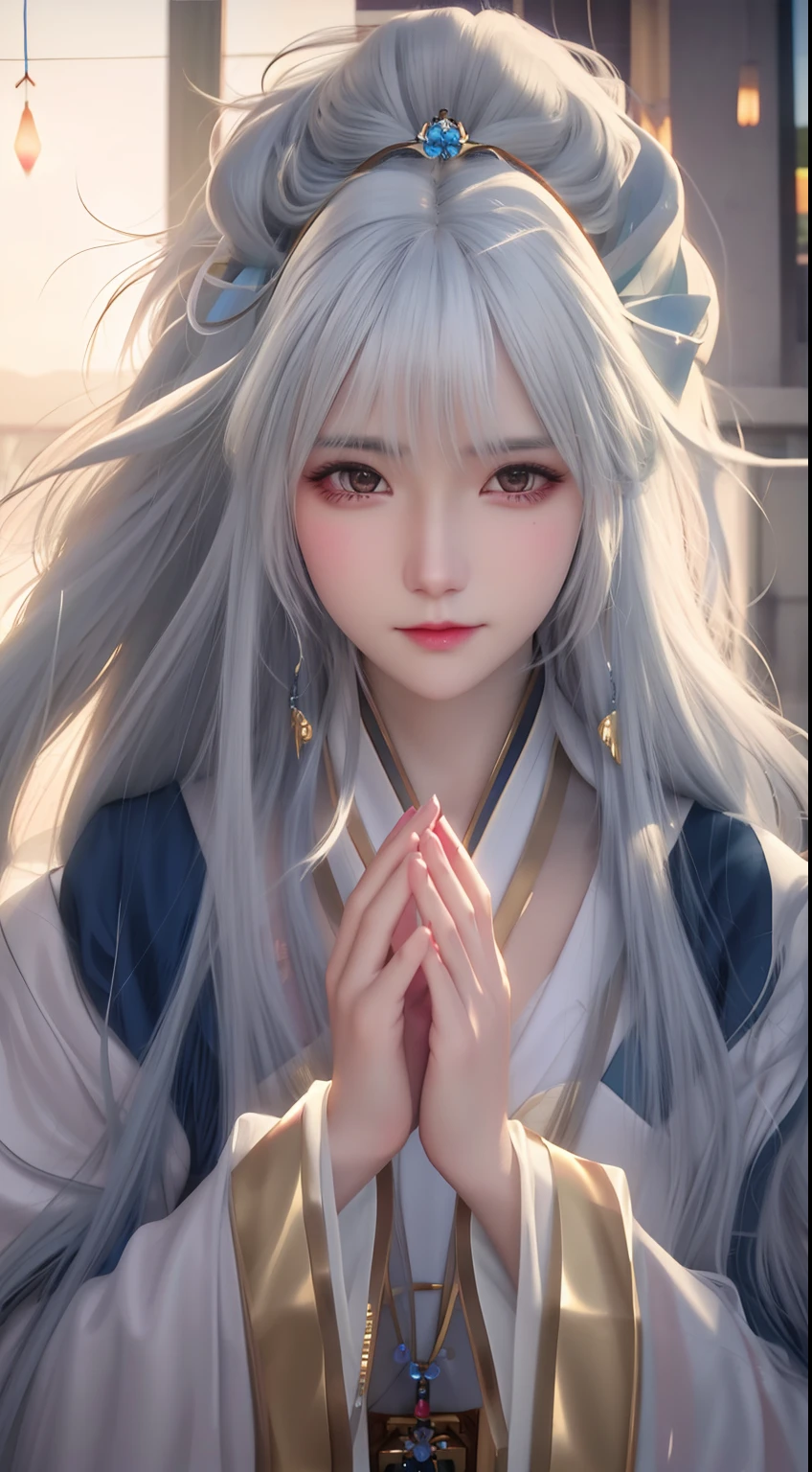 a close up of a woman with long hair and a white robe, white haired deity, artwork in the style of guweiz, guweiz, with white long hair, flowing hair and long robes, with long white hair, beautiful anime portrait, anime girl with long hair, white hime cut hairstyle, beautiful anime girl, beautiful anime woman, guweiz masterpiece, detailed realistic hands,