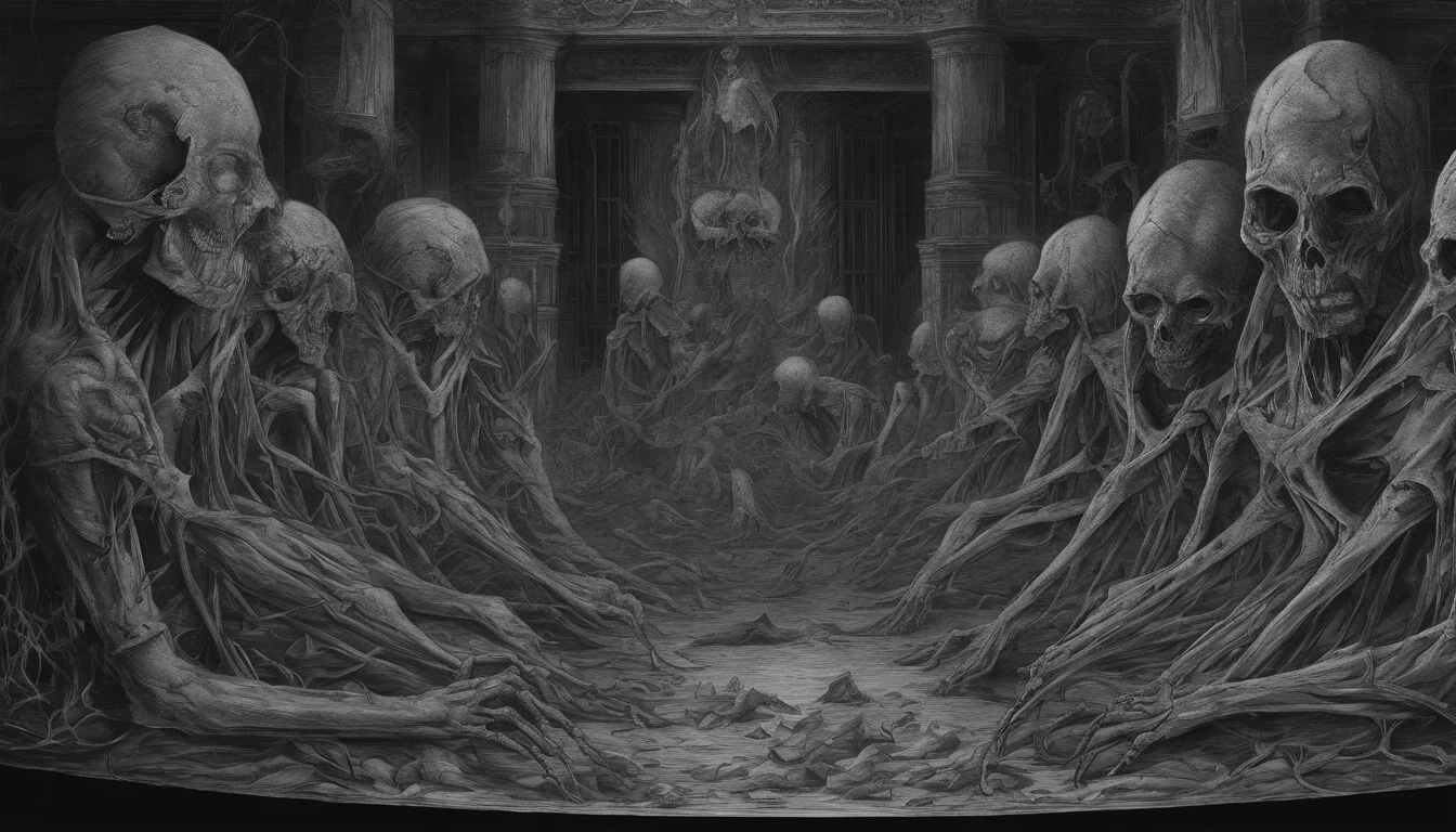 Create an intricate, high-resolution 4K (UHD) illustration that closely resembles a page from a meticulously crafted demonology book. The illustration should vividly portray a malevolent entity cloaked in shadow, its form consisting of a grotesque arrangement of bones. These bones should be organized in a macabre fashion, with the faces of tormented souls intricately etched and drawn onto the surface of the bones. These imprisoned souls' expressions must bear the weight of their past sins, profound regrets, and agonizing screams of torment.

The entire scene should be engulfed in an oppressive ambiance, conveying a sinister and eerie atmosphere, and the color palette should be strictly limited to shades of black and gray, giving the image a foreboding and spectral quality.

Furthermore, emphasize the creature's own countenance, distorting it to the point of being utterly unrecognizable. This distortion should enhance the horrific nature of the entity and accentuate the chilling details of the bones and the imprisoned souls, making it a truly nightmarish vision.

Please execute this prompt with meticulous attention to detail to create a truly haunting and evocative representation in the style of a demonology book, and ensure that the final image is in stunning 4K resolution (UHD).