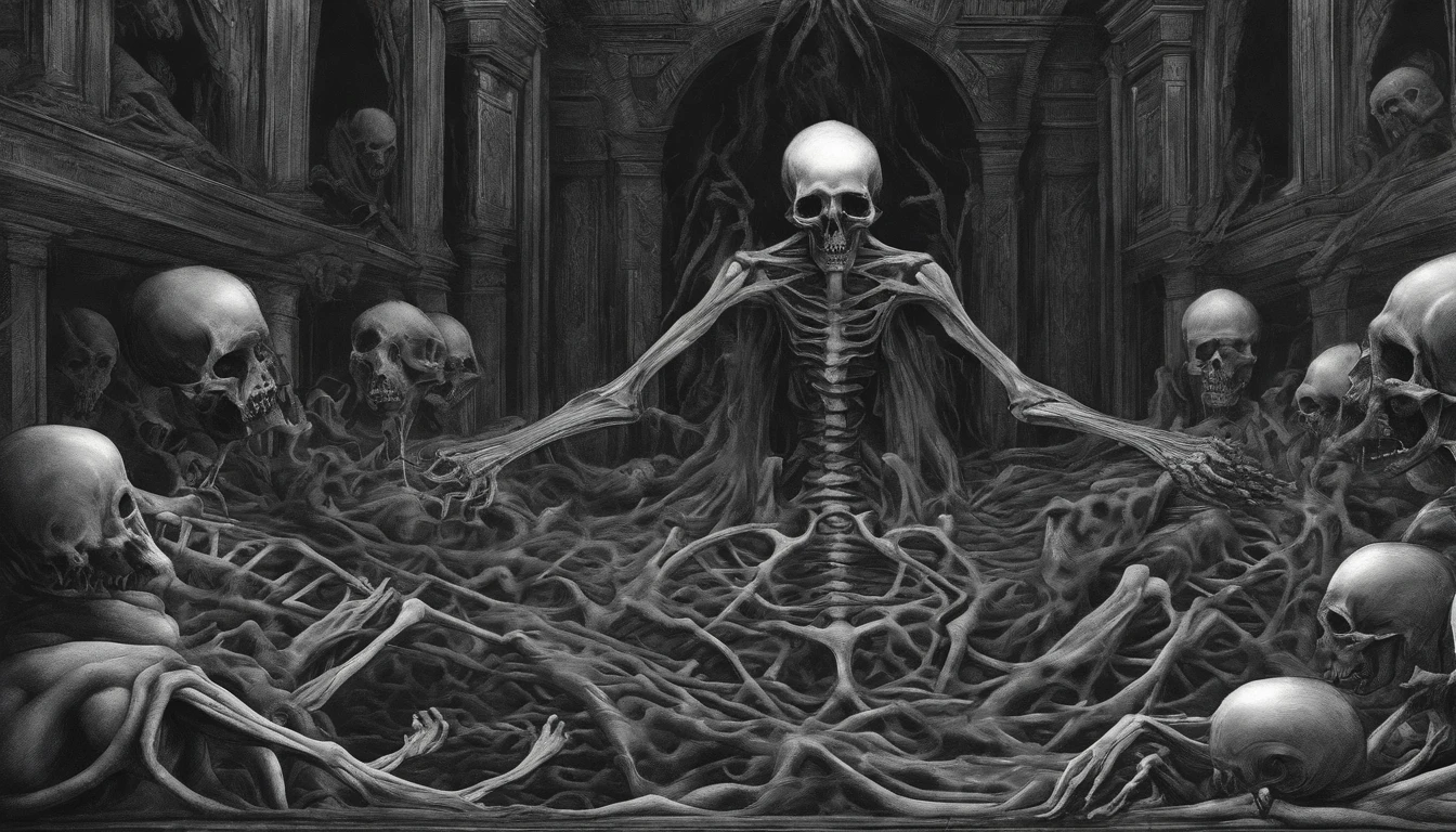 Create an intricate, high-resolution 4K (UHD) illustration that closely resembles a page from a meticulously crafted demonology book. The illustration should vividly portray a malevolent entity cloaked in shadow, its form consisting of a grotesque arrangement of bones. These bones should be organized in a macabre fashion, with the faces of tormented souls intricately etched and drawn onto the surface of the bones. These imprisoned souls' expressions must bear the weight of their past sins, profound regrets, and agonizing screams of torment.
The entire scene should be engulfed in an oppressive ambiance, conveying a sinister and eerie atmosphere, and the color palette should be strictly limited to shades of black and gray, giving the image a foreboding and spectral quality.
Furthermore, emphasize the creature's own countenance, distorting it to the point of being utterly unrecognizable. This distortion should enhance the horrific nature of the entity and accentuate the chilling details of the bones and the imprisoned souls, making it a truly nightmarish vision.
Please execute this prompt with meticulous attention to detail to create a truly haunting and evocative representation in the style of a demonology book, and ensure that the final image is in stunning 4K resolution (UHD).