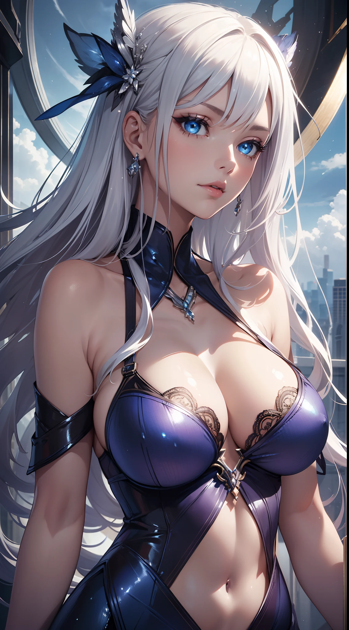 (masterpiece), best quality, an extremely sexy and beautiful, floating, high resolution, (1 girl), silver hair, blue eyes, elegant dress, cloudy sky, ethereal, soft lighting, breasts, cleavage