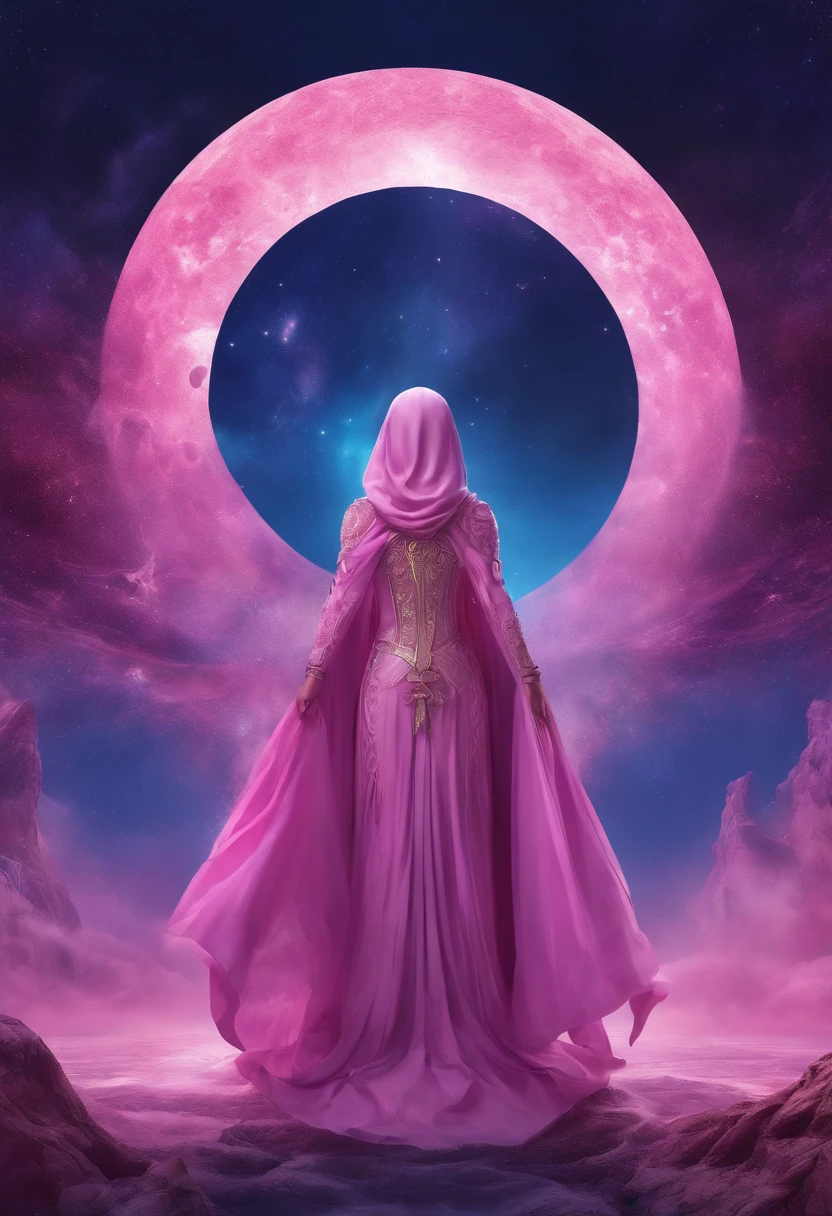 A distant cosmic being, standing with a pink cloak, beneath an inverted U-shaped portal. The cosmic female being with A SWORD TOUCHING the watery ground in one hand and a LIT LANTERN in the other hand, facing the portal and with her back to the screen, against a backdrop of violet, blue, and purple. A star-filled sky, with a large, Bright Full Moon.