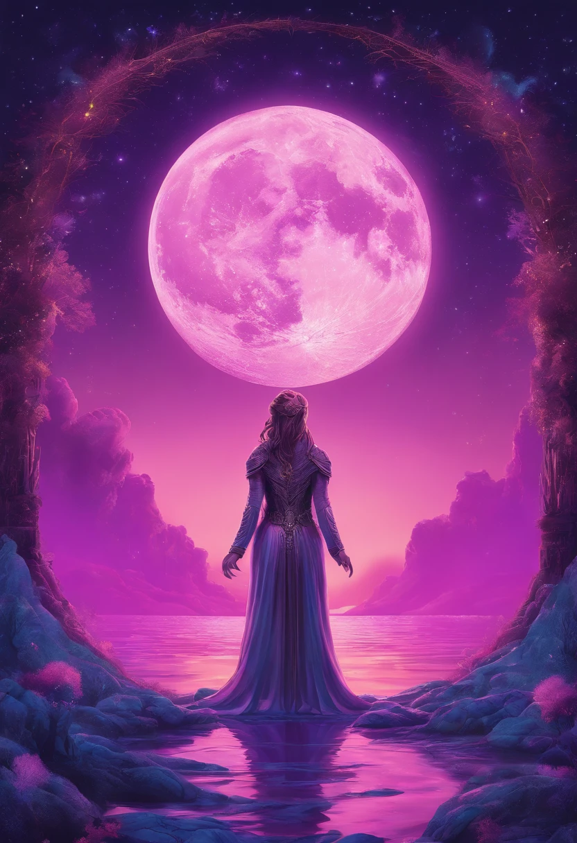 A distant cosmic being, standing with a pink cloak, beneath an inverted U-shaped portal. The cosmic female being with A SWORD TOUCHING the watery ground in one hand and a LIT LANTERN in the other hand, facing the portal and with her back to the screen, against a backdrop of violet, blue, and purple. A star-filled sky, with a large, Bright Full Moon.