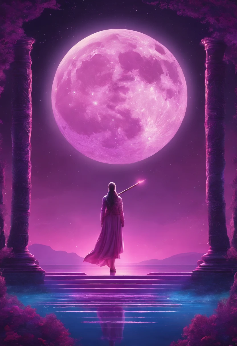 A distant cosmic being, standing with a pink cloak, beneath an inverted U-shaped portal. The cosmic female being with A SWORD TOUCHING the watery ground in one hand and a LIT LANTERN in the other hand, facing the portal and with her back to the screen, against a backdrop of violet, blue, and purple. A star-filled sky, with a large, Bright Full Moon.