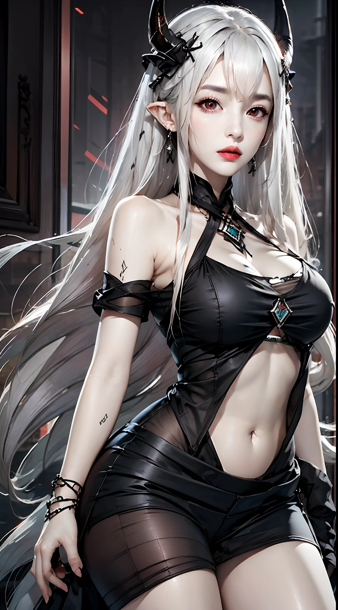 Photorealistic, high resolution, 1 woman, Hips up, Beautiful eyes, Long hair, ringed eyes, jewelry, mudrockdefclass, black horns, red eyes, long hair, black dress, short dress, shorts, white shorts, hair ornament, pointy ears, white hair, oripathy lesion (arknights), infection monitor (arknights)