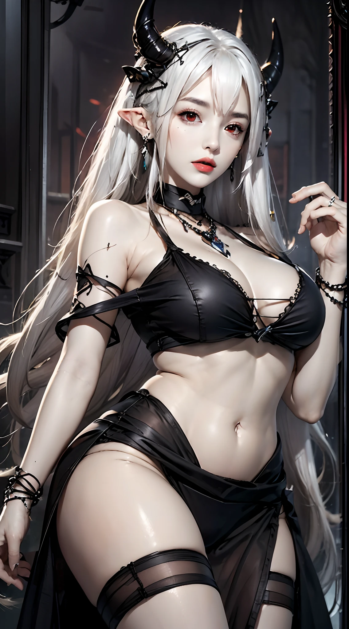 Photorealistic, high resolution, 1 woman, Hips up, Beautiful eyes, Long hair, ringed eyes, jewelry, mudrockdefclass, black horns, red eyes, long hair, black dress, short dress, shorts, white shorts, hair ornament, pointy ears, white hair, oripathy lesion (arknights), infection monitor (arknights)