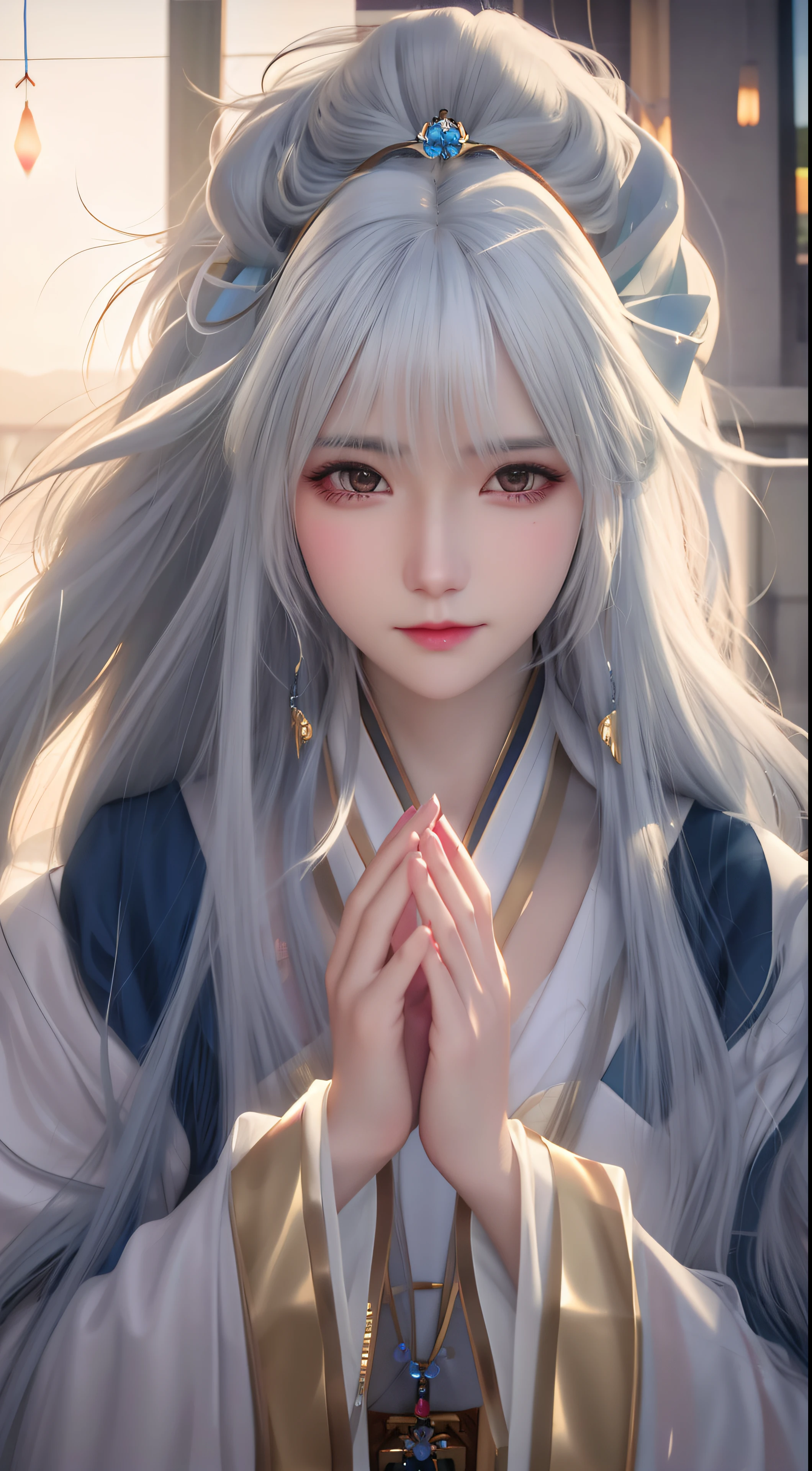 a close up of a woman with long hair and a white robe, white haired deity, artwork in the style of guweiz, guweiz, with white long hair, flowing hair and long robes, with long white hair, beautiful anime portrait, anime girl with long hair, white hime cut hairstyle, beautiful anime girl, beautiful anime woman, guweiz masterpiece, detailed realistic hands,