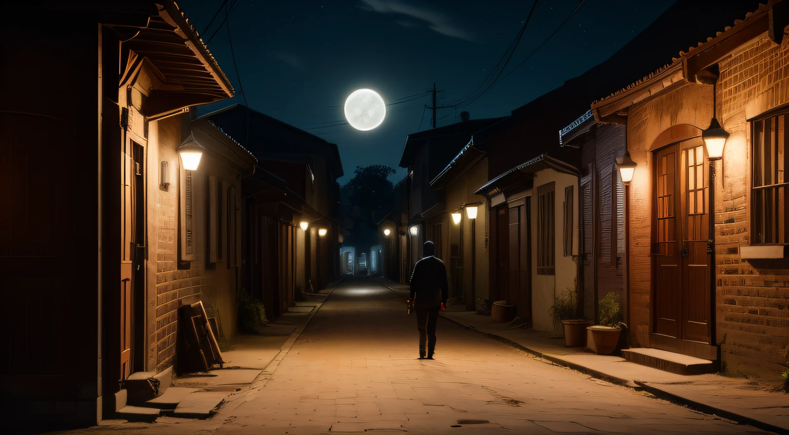 There is a man walking down an alley, with his back turned, holding a knife, alone, with the full moon and a small colonial town landscape, it is night and lights are on, brick walls, wooden door and windows. Realistic photo.