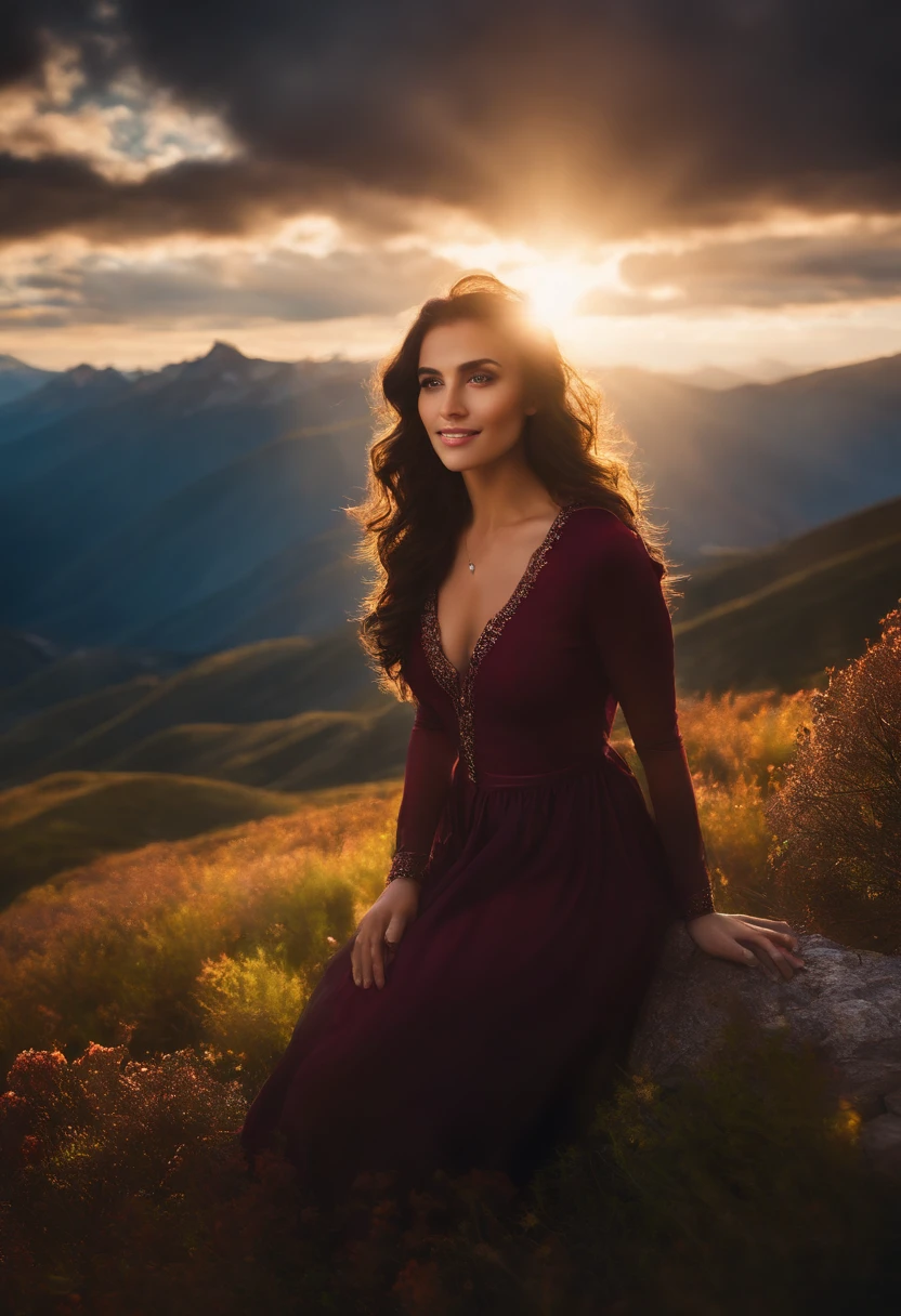 best quality, masterpiece,Dark hair, dark eyes, upper body, sun flare, outdoors, mountain, valley, sky. clouds, smiling,