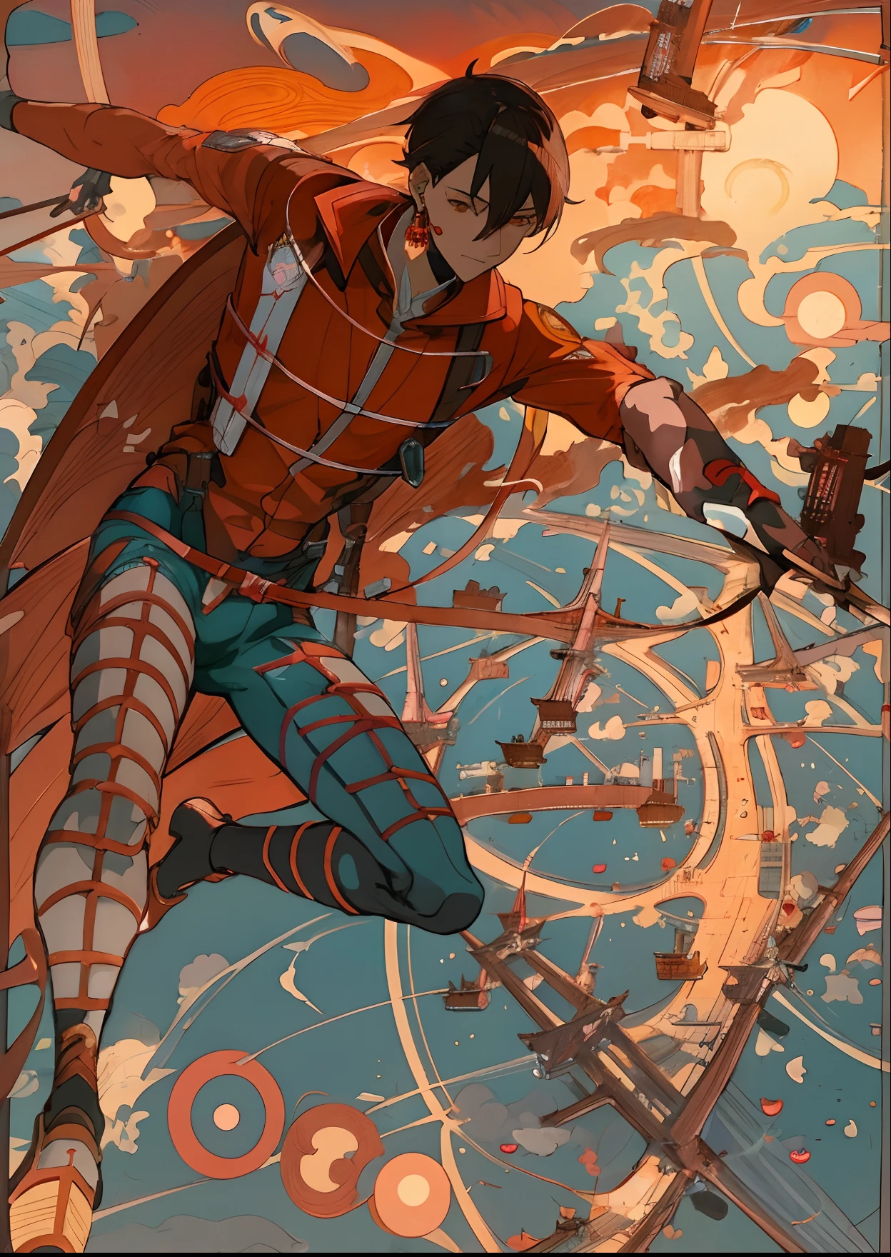 1male people、Fancy background details、masutepiece、Man in flight、Anime character in red and white costume with night view of Tokyo on background, inspired by Mœbius, killian eng. moebius, full art, highly detailed exquisite fanart, Afrofuturism anime, detailed fan art, inspired by Jens Ferdinand Willumsen, fanart, Official art, full art illustration, by Shingei, by Mobius Male Character, 23years old, A dark-haired, Brown-eyed, earrings in the ears, beautidful eyes, nighttime scene、arm tatoo,