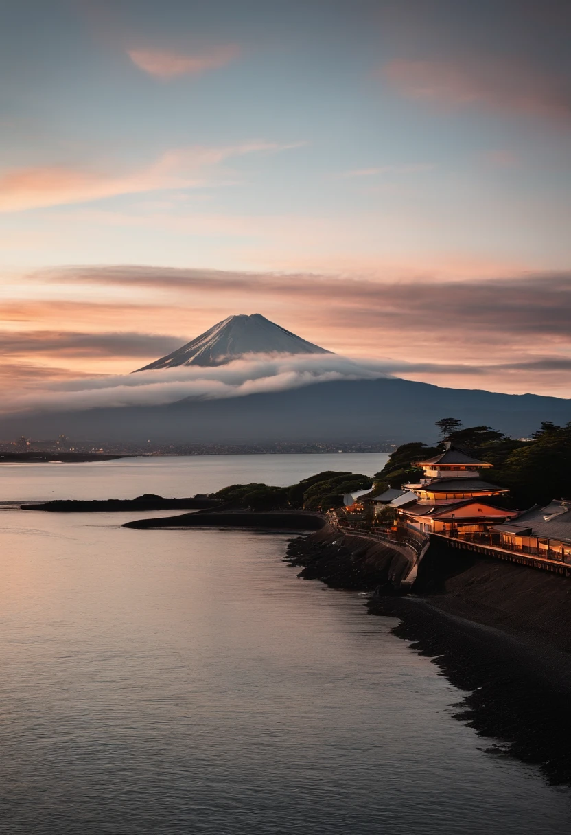 montanha. Mt. Fuji at sunrise can be seen beyond Enoshima