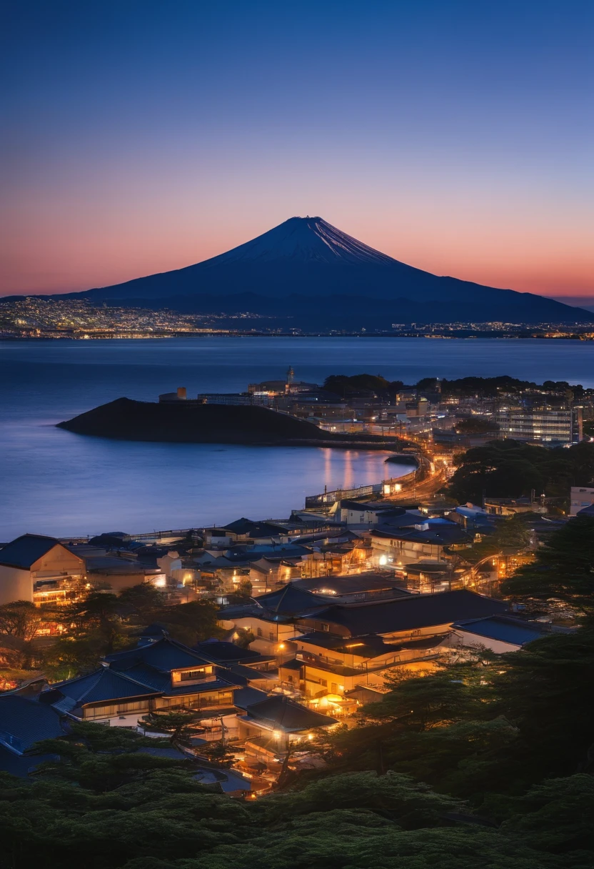 montanha. Mt. Fuji at sunrise can be seen beyond Enoshima