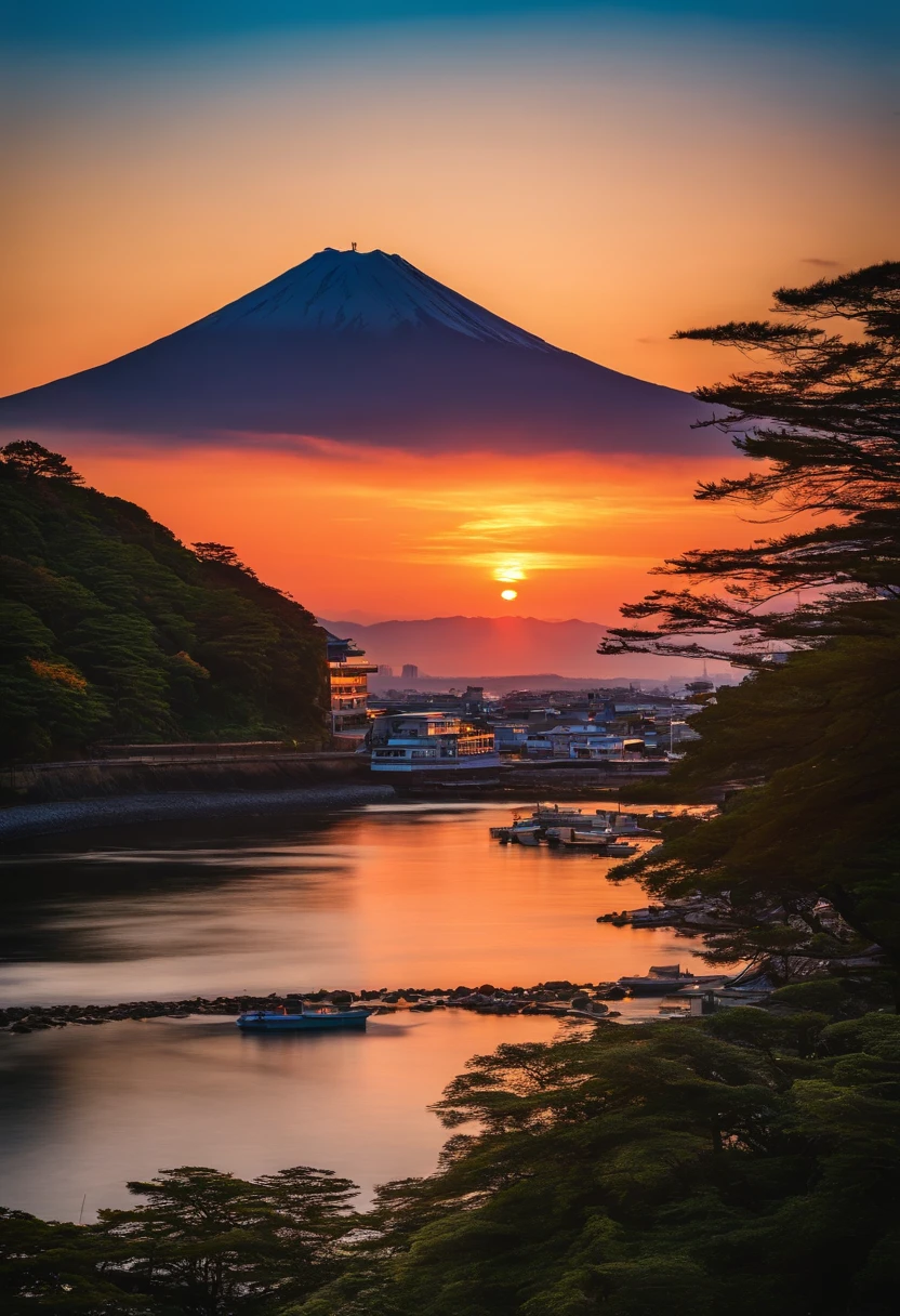 montanha. Mt. Fuji at sunrise can be seen beyond Enoshima