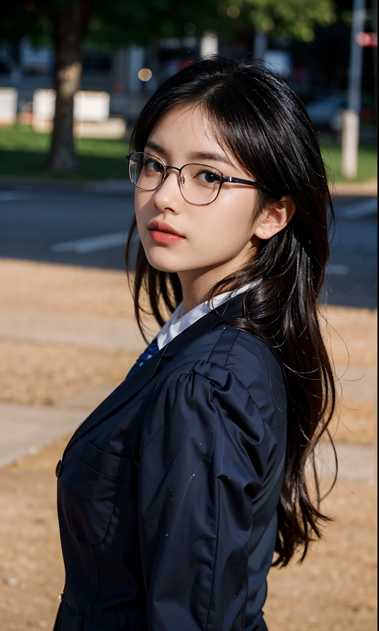 ulzang-6500-v1.1, (RAW photo:1.2), (Photorealistic:1.4), Beautiful detailed girl, Very detailed eyes and face, Beautiful detailed eyes, ridiculous, Incredibly Ridiculous res, hugefilesize, Super detailed, high resolution, Very detailed, Best quality, Masterpiece,, ((Japanes girl' high school uniform)), illustration, Very detailed, CG, unified, 8K wallpaper, Amazing, Fine details, Masterpiece, Best quality, Very detailed CG uniform 8k wallpaper, light in face, 1 girl with glasses, Girl walking on playground runway