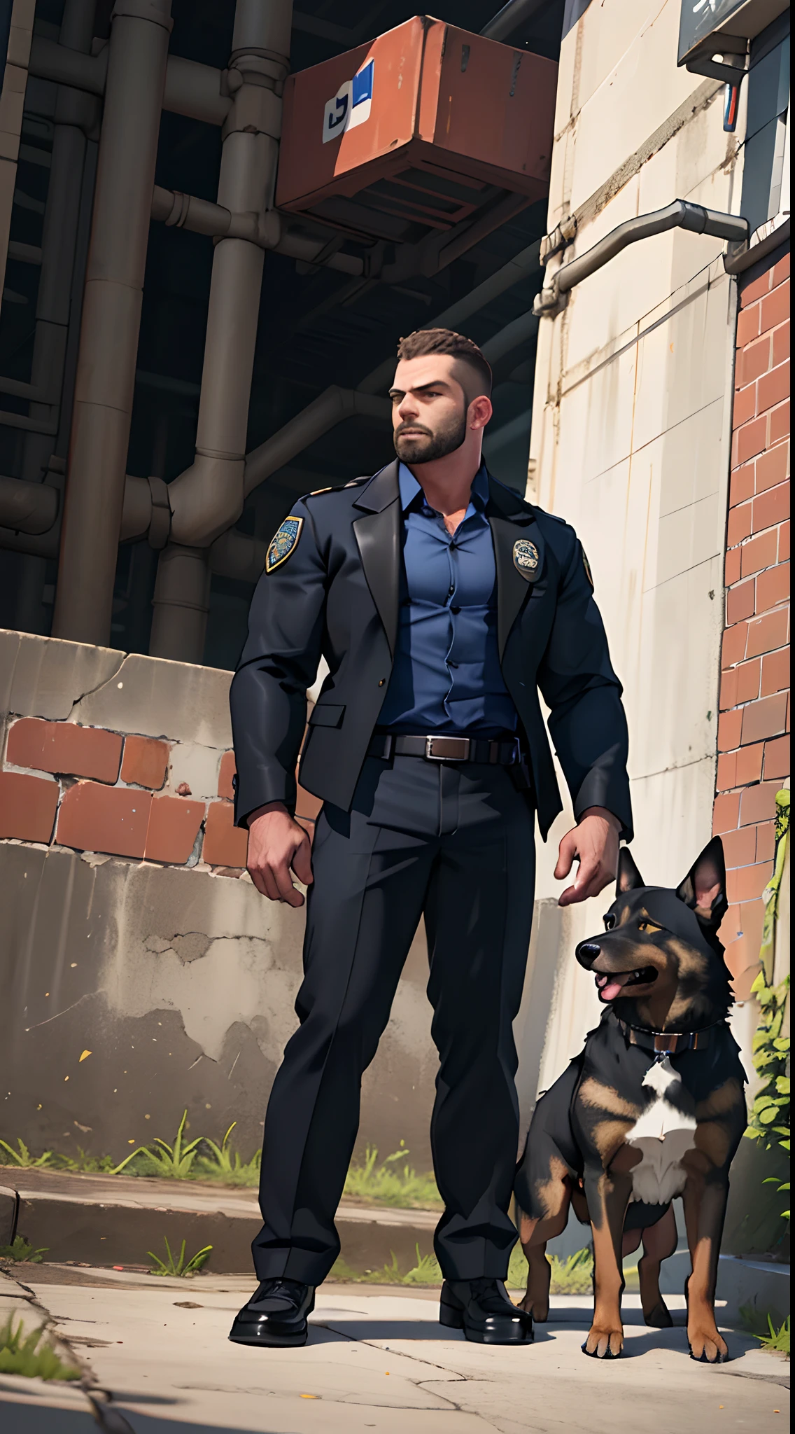 a man and a big K9 German Sheppard dog, blue formal shirt, brown leather jacket, facial hair, have a police badge on the belt, standing in a park, the man standing behind the dog, ((the high well detailed)), detailed face, bad ass shot, seen from the front, full body shot, low angle, close up on the dog, (looking up:1),