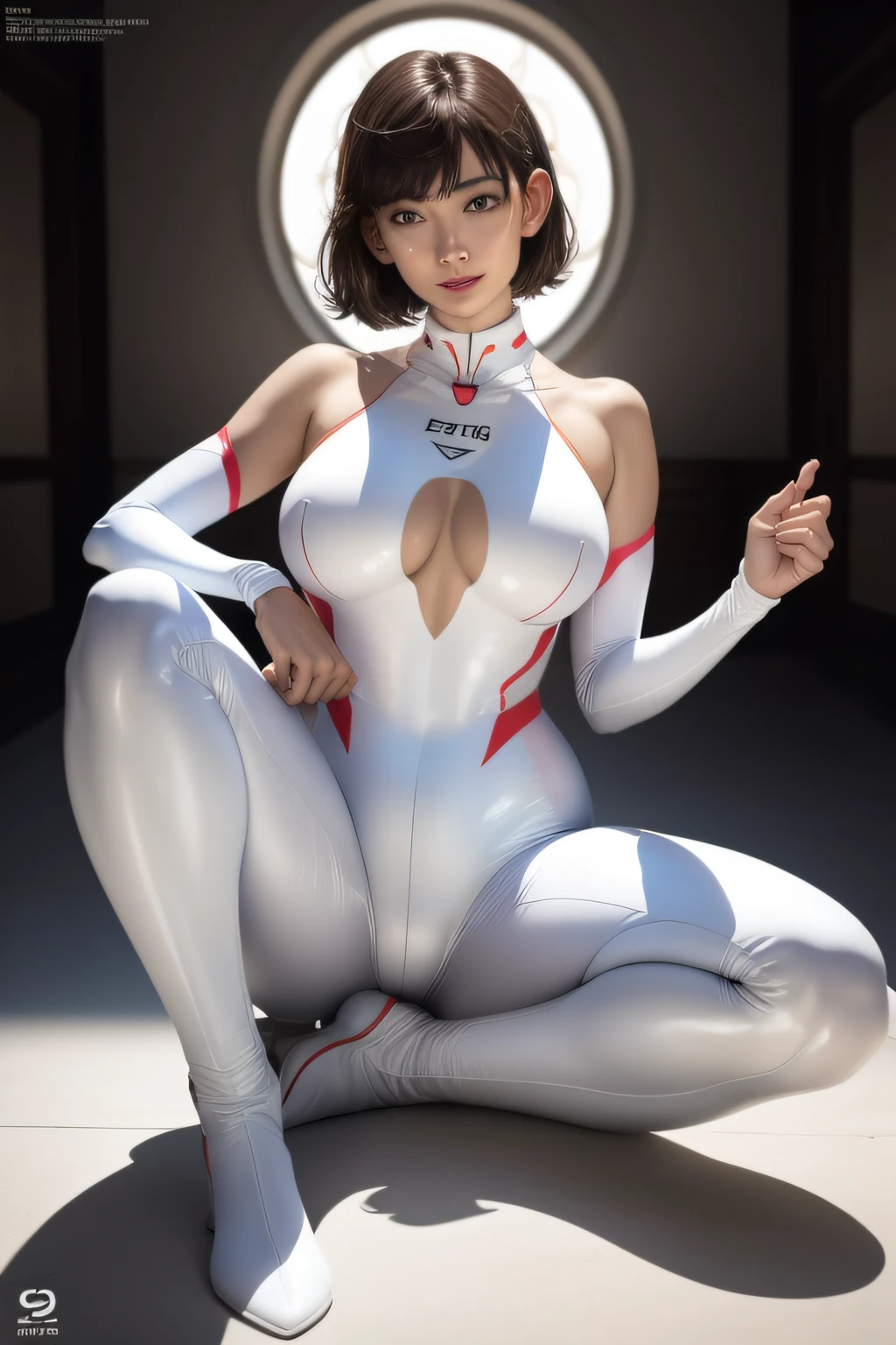 Meditation Poses, Sitting cross-legged, lotus pose, sitting pose,Solo, Super Fine Photo, Full body photo Unreal Engine 5 8K UHD girl wearing futuristic Evangelion plug suit、Fits snugly to the skin, Smooth white catsuit, Iconic characters in gold, smooth white skin, glossy latex suit, Collar, rubber glove, High boots, arm and leg cuffs, lanyard, Best Quality, masutepiece, Official art, Unified 8K Wallpaper, super detailed, Sharp Focus, girl and y pose, Large breull smile, Short bob hair, Raise one leg, sensually, Large woman