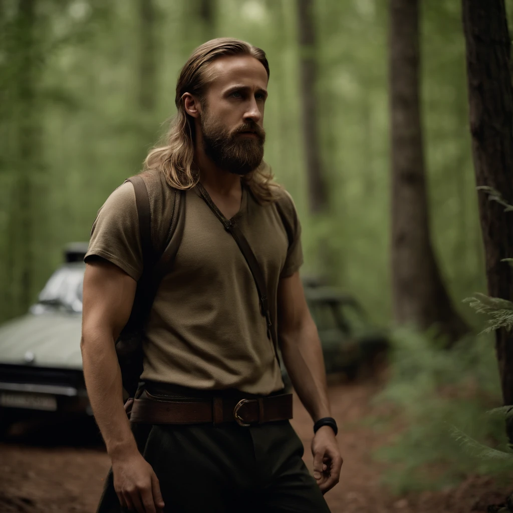 Ryan Gosling, dressed as Burzum, khaki t-shirt, camouflaged pants, long beard and hair, in the woods, next to a Russian UAZ car,