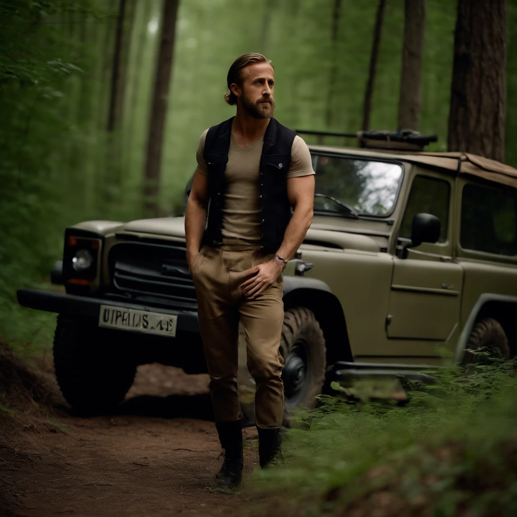 Ryan Gosling, dressed as Burzum,  khaki t-shirt, camouflaged pants, long beard and hair,  in the woods, next to a Russian UAZ car,