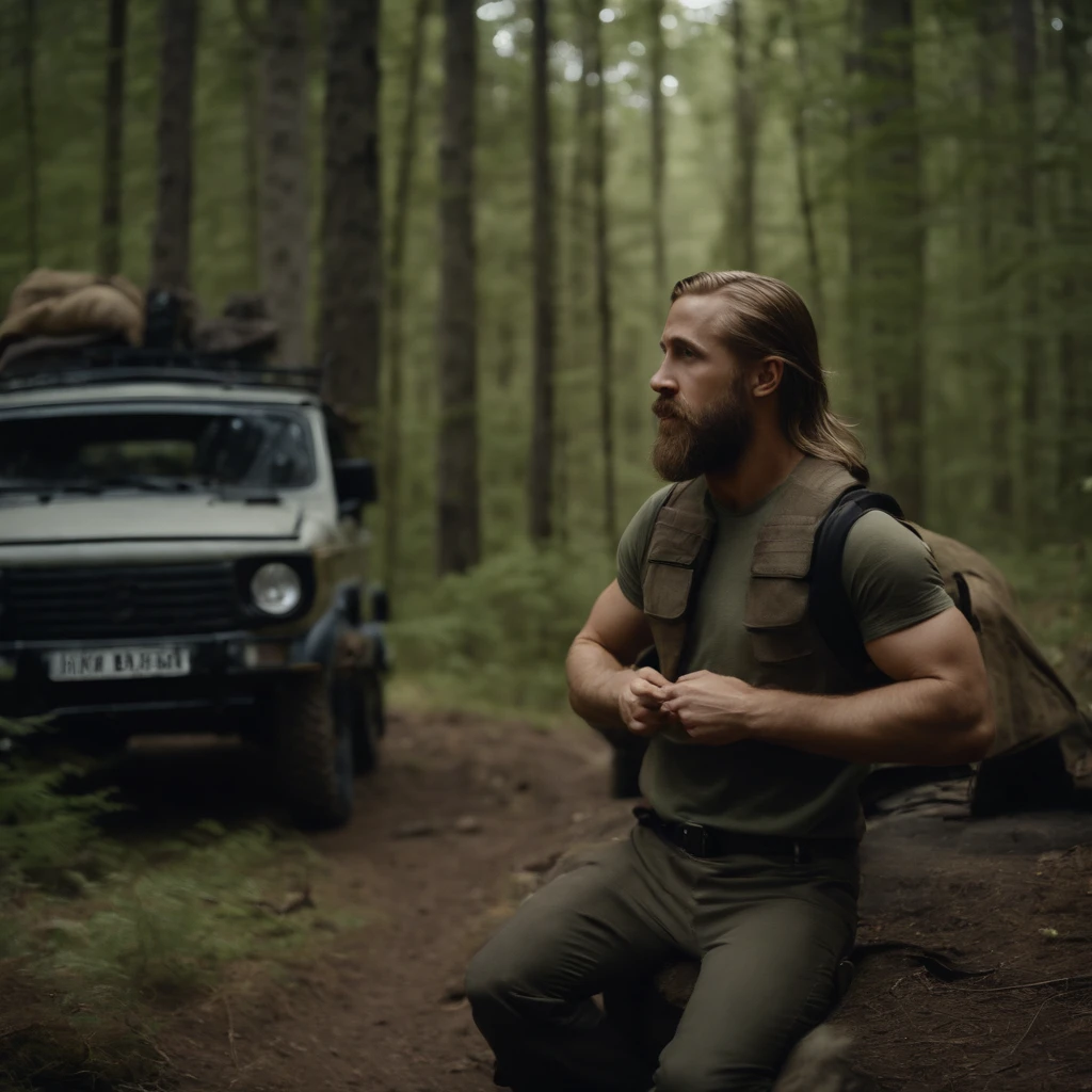 Ryan Gosling, dressed as Burzum,  khaki t-shirt, camouflaged pants, long beard and hair,  in the woods, next to a Russian UAZ car,