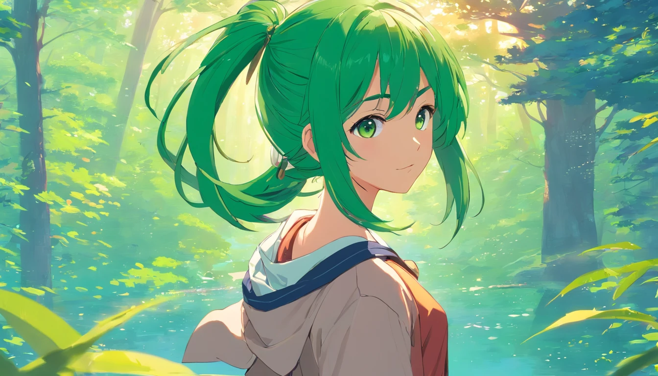 elvish、Green hair、ears are long、masutepiece, superfine illustration, Extremely detailed, 1girll, Flat background, Full body, Standing, very detailed face and eyes,