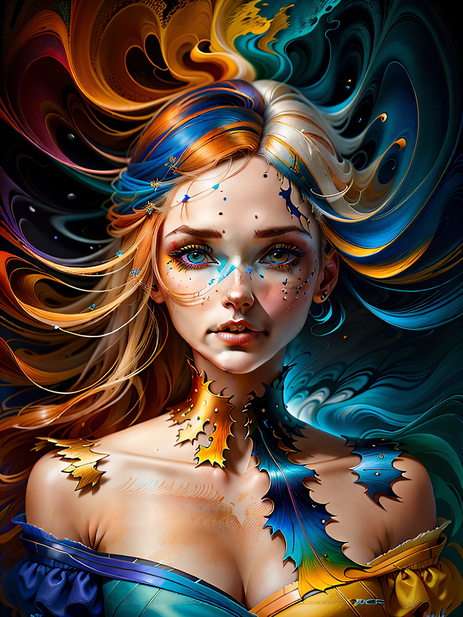 Premiado,mais impressionante,((uma pintura de retrato de 1 mulher com um vestido colorido e cabelo)), bela arte digital, (Estilo Alberto Seveso),Best composition,harmonia,((Olhos bonitos)),extremamente detalhado,Centrado,tela texturizada,(((Um rosto)))