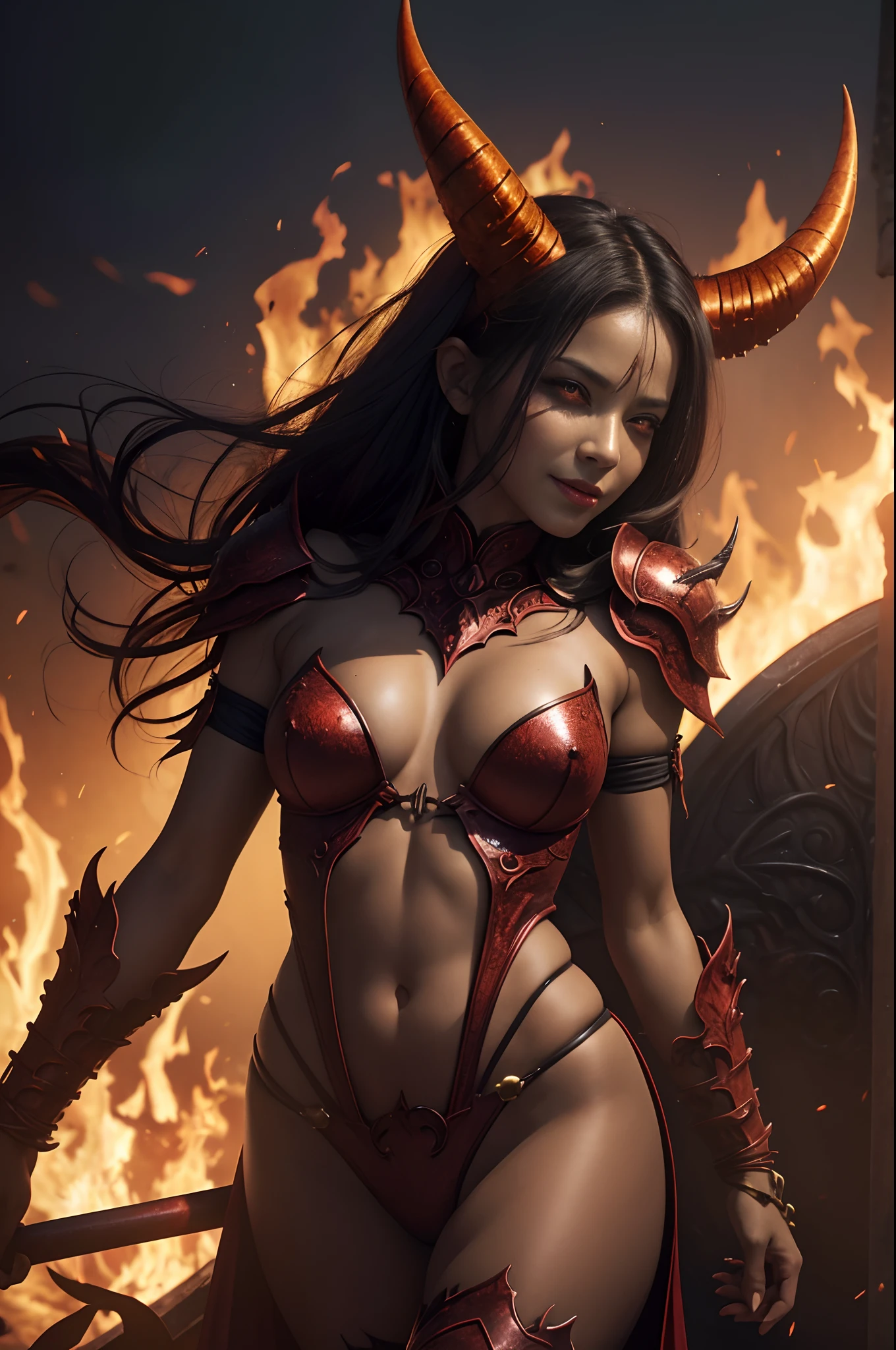 Beautiful mature female demon, horns, tail, cruel smile, red skin, sexy fetish armor, wreathed in fire, (fiery eyes:1.2), temptation, taking your soul, hellscape background, tortured souls, hordes of hell in the distance, (masterpiece), (photorealistic:1.4), RAW photo, best quality, high res, rich colors, backlight, bright sunlight, cinematic lighting, film grain, raw photo, 50mm lens, Nikon D850, warm colors