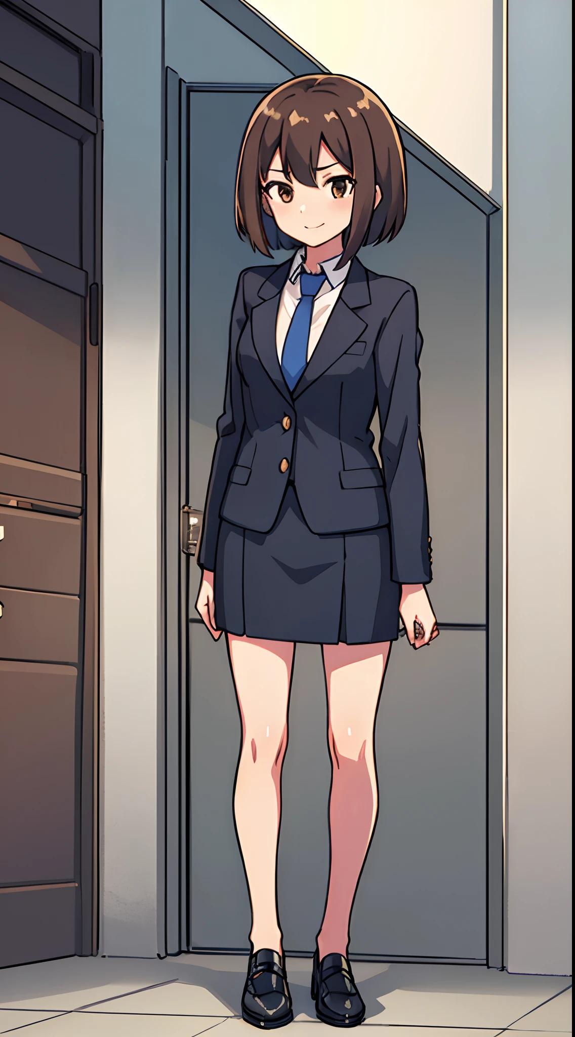 hiquality, tmasterpiece (One adult girl). Tall stature. solid. office worker, Bob hairstyle. short, straight hair, brown-hair, brown eye. ssmile. The clothes: Women's office suit with white shirt.