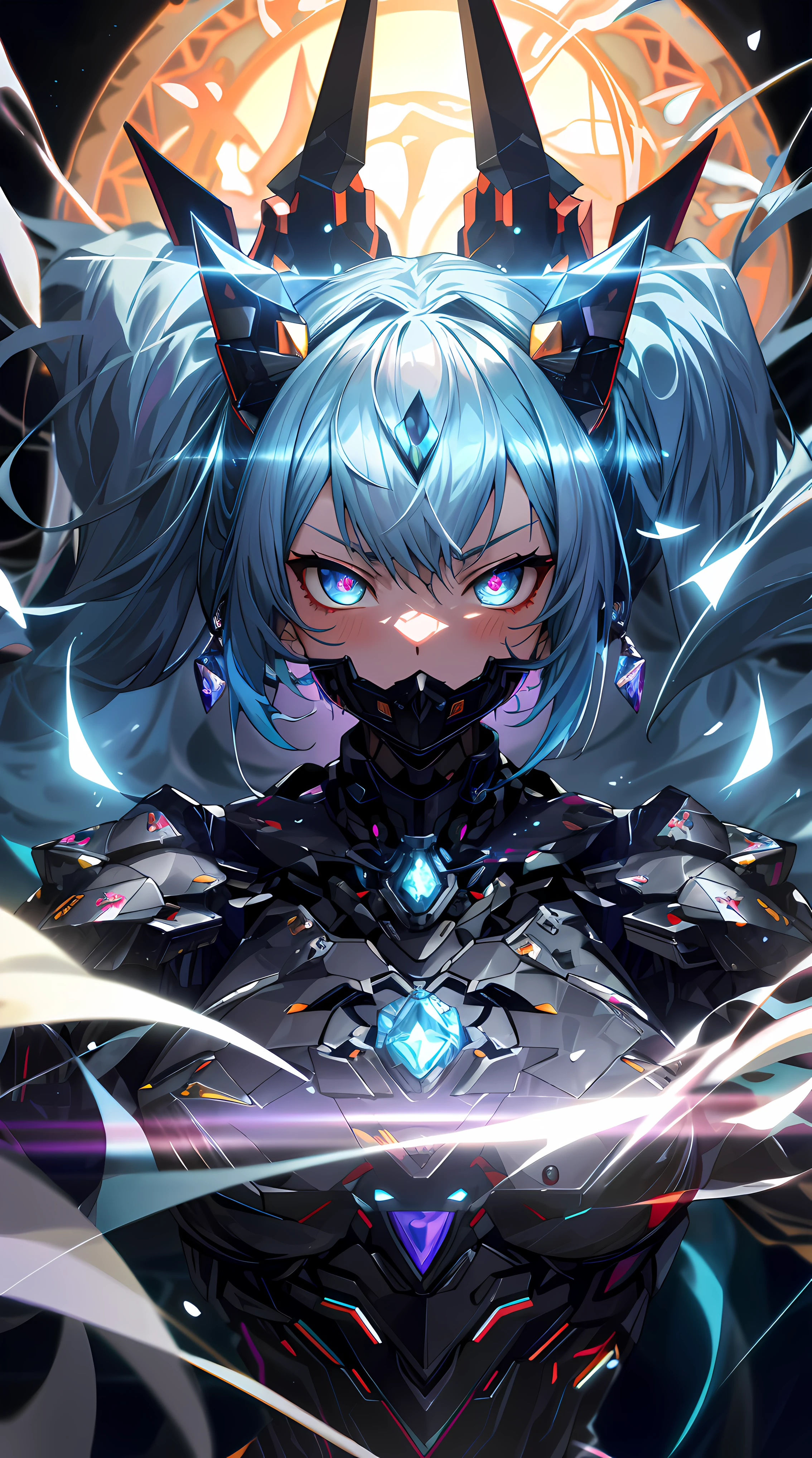 Masterpiece Anime Robot beutiful diamond skin golem cat girl magic, aesthetic_eyes, detailed eyes, demon horn, mask, wings, glowing, random twintail fantasy hair, multicolored hair, body detailed, random very angry face, detailed face, Saenyo Ancalagon Anthropomorphic majestic Guardian | Portrait | finely detailed Obsidian and Lava armor | cinematic lighting | intricate filigree metal design | 8k | unreal engine | octane render | aesthetic_eyes, detailed eyes, body detailed, ahegao, detailed face, highly detailed, fantasy background, blush, cat_ears_earrings hair_ornament highres jewelry triple_earring, detailed all, solo, fightning stance, magic circle, electrification, lightning effect, ray tracing, detailed all, show your ability A.I, 4K Ultra HD. add face mask, add fullface mask, mouth and nose covered by mask, glowing eyes particle glowing, 4K Wallpaper, robot female,