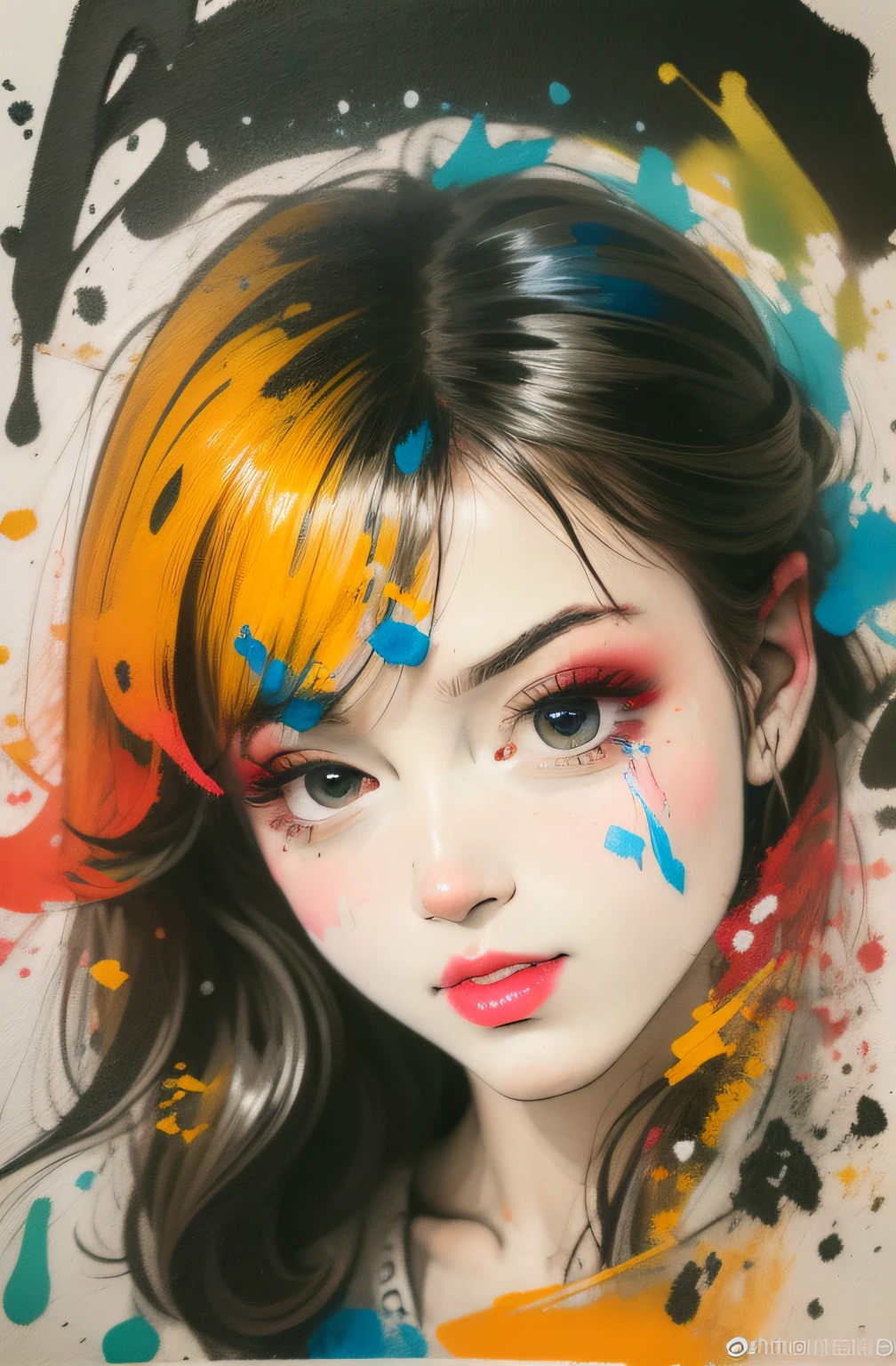 Face of a woman in burst of colored paint, perfect strokes, jets of paint in various colors dotted with the beauty of art that overflows.