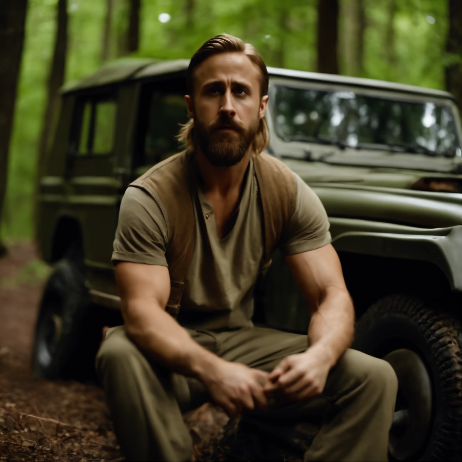 Ryan Gosling, dressed as Burzum,  khaki t-shirt, camouflaged pants, long beard and hair,  in the woods, next to a Russian UAZ car,