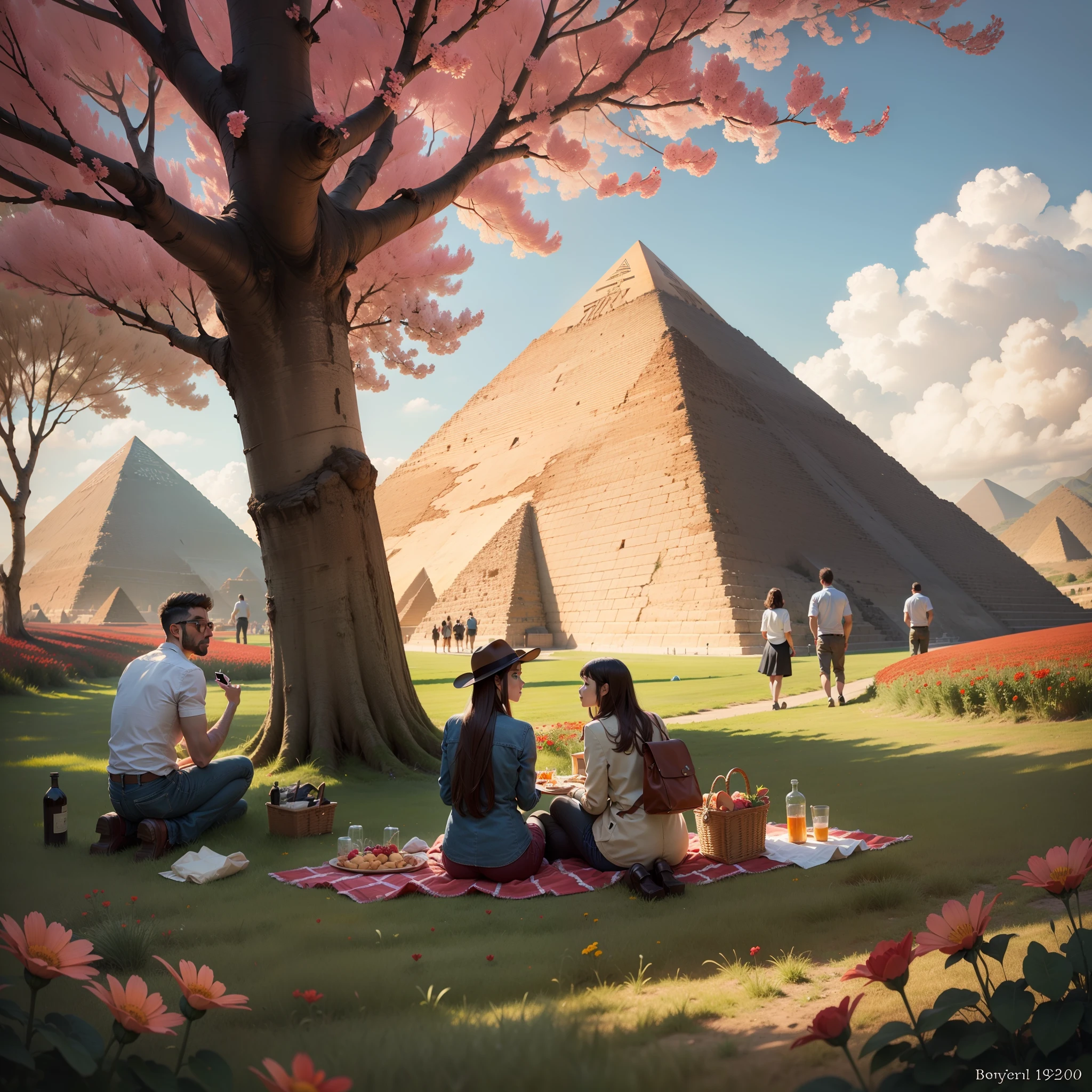 Huge field of red flowers, with several people having a picnic, seeing a pyramid- resolution 1920x1080 --auto --s2