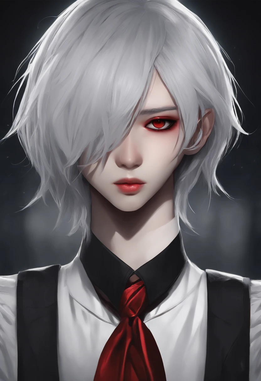 detailed portrait of a character inspired by Kaneki with half red and half black hair, with beautiful detailed eyes and lips, wearing a stylish outfit, in a dark and mysterious background with dramatic lighting. (best quality, ultra-detailed, realistic:1.37), portrait art style, vibrant colors, dramatic lighting