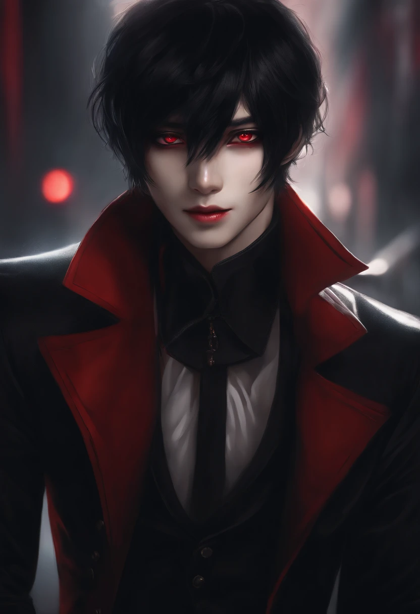 detailed portrait of a character inspired by Kaneki with half red and half black hair, with beautiful detailed eyes and lips, wearing a stylish outfit, in a dark and mysterious background with dramatic lighting. (best quality, ultra-detailed, realistic:1.37), portrait art style, vibrant colors, dramatic lighting