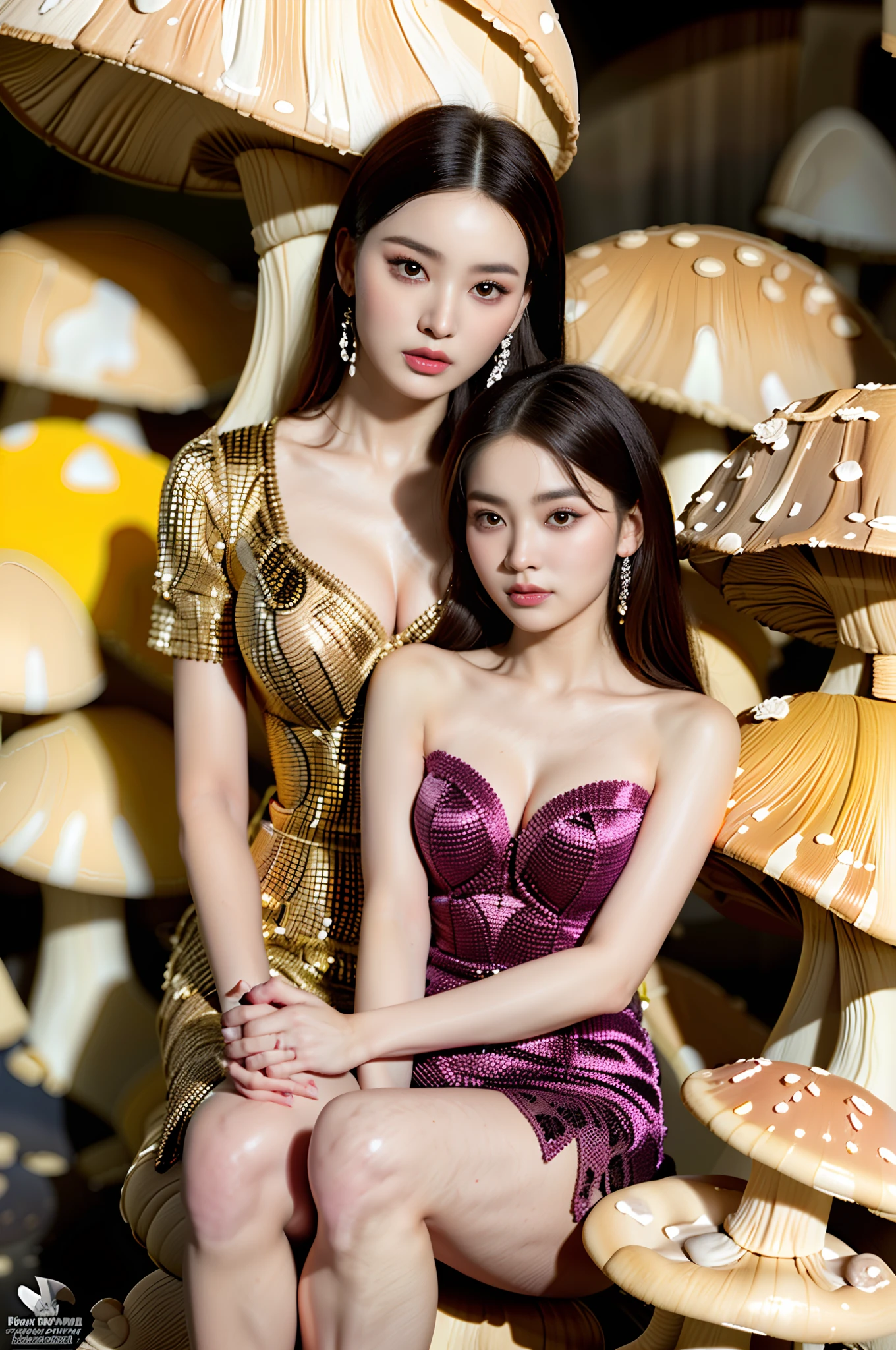 Smiling,Face focus,(alebrijes art style), a couple of lesbians sitting together on a (giant mushroom:1.4),fantastical world,fantasy,lewd,leering:1.3,Masterpiece, Best quality, intricately details, absurderes,,(ulzzang-6500-v1.1,pureeroface_v1,octane rendering)